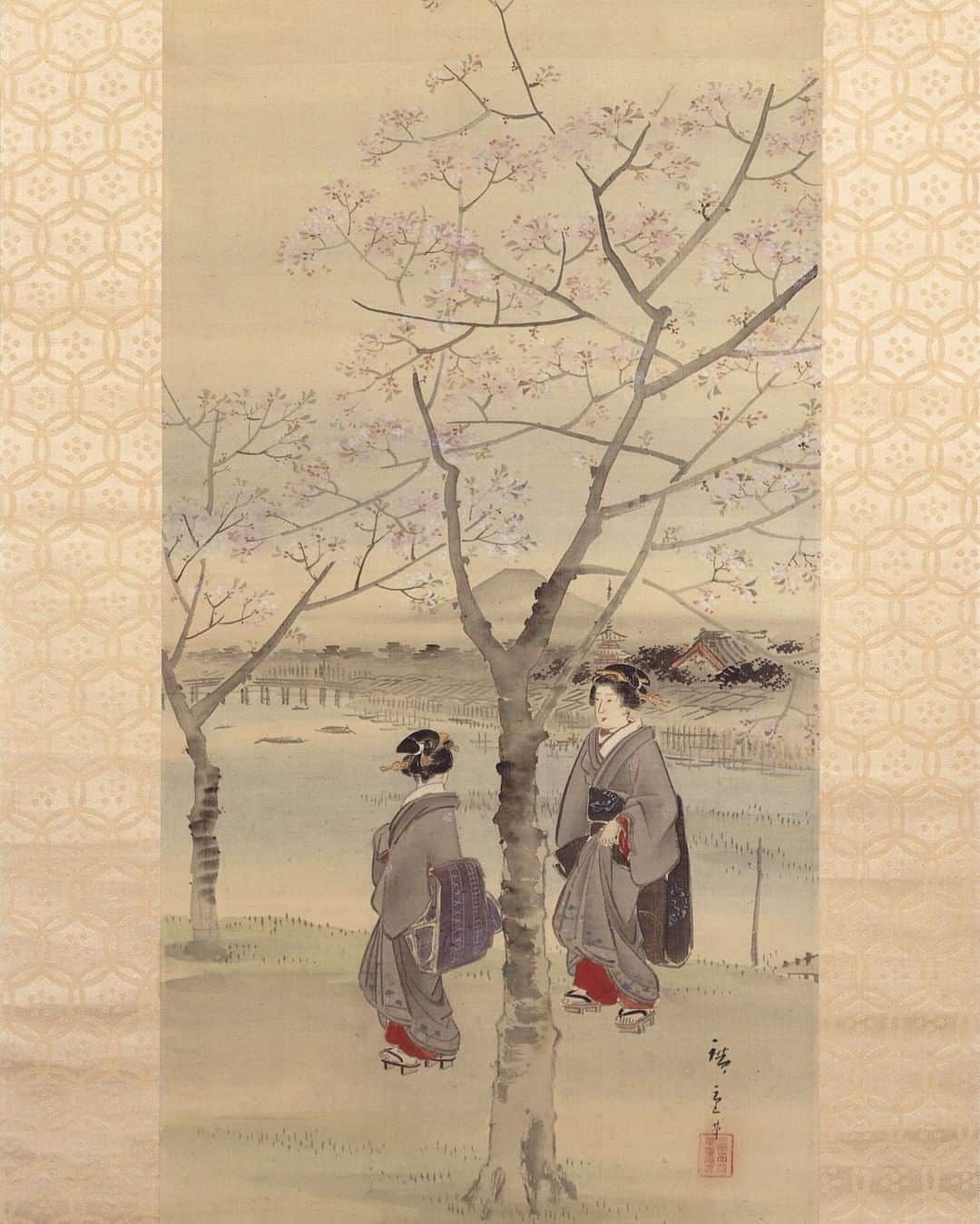 のインスタグラム：「🏞 Take a relaxing stroll down the Sumida River or be entertained by the stars of the Kabuki theatre – discover the city of Edo (Tokyo) in the early 19th century in our blog post. Link in bio.  Or head back further in time to other historical cities – read our selection of travel guides including 5th-century BC Athens, 6th-century Aksum and 16th-century London. Find them on our blog – blog.britishmuseum.org   Which places would you like to visit next? Let us know 👇  🔎 Attributed to Utagawa Hiroshige III (1842–1894), two women under flowering cherry tree by the Sumida River, Senso-ji on far bank and Mt. Fuji in the distance. Hanging scroll painting, 1865–1894.  #Japan #Edo #Tokyo #painting #SumidaRiver」