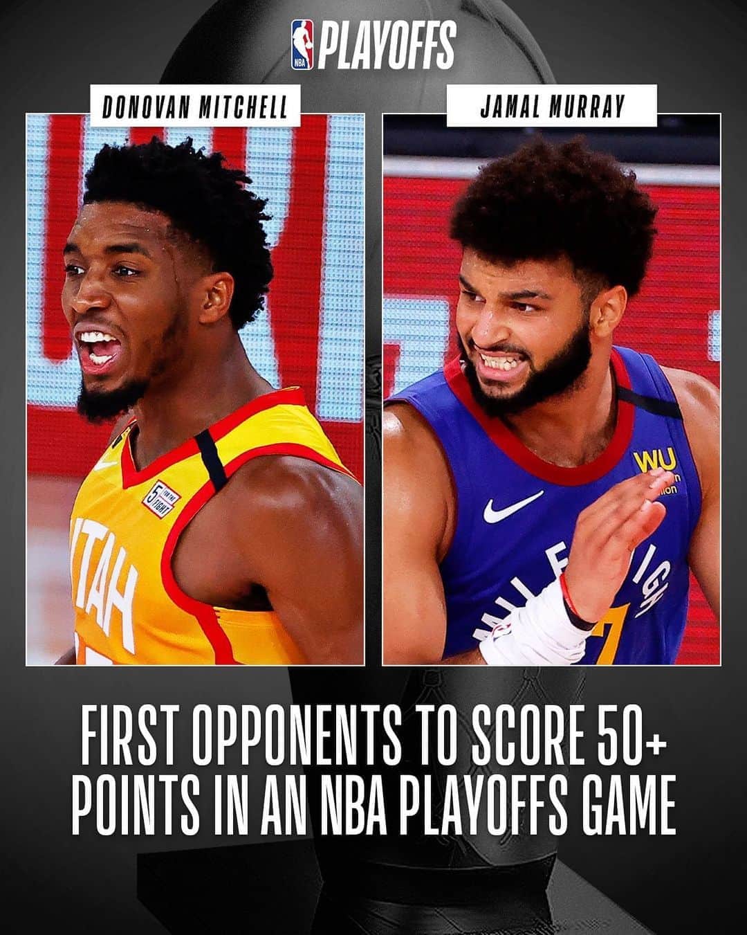 NBAさんのインスタグラム写真 - (NBAInstagram)「History made in Orlando!  @spidadmitchell & @jmglitxh27 become the first opponents in @nbahistory with 50+ points each in same #NBAPlayoffs game!」8月24日 13時17分 - nba