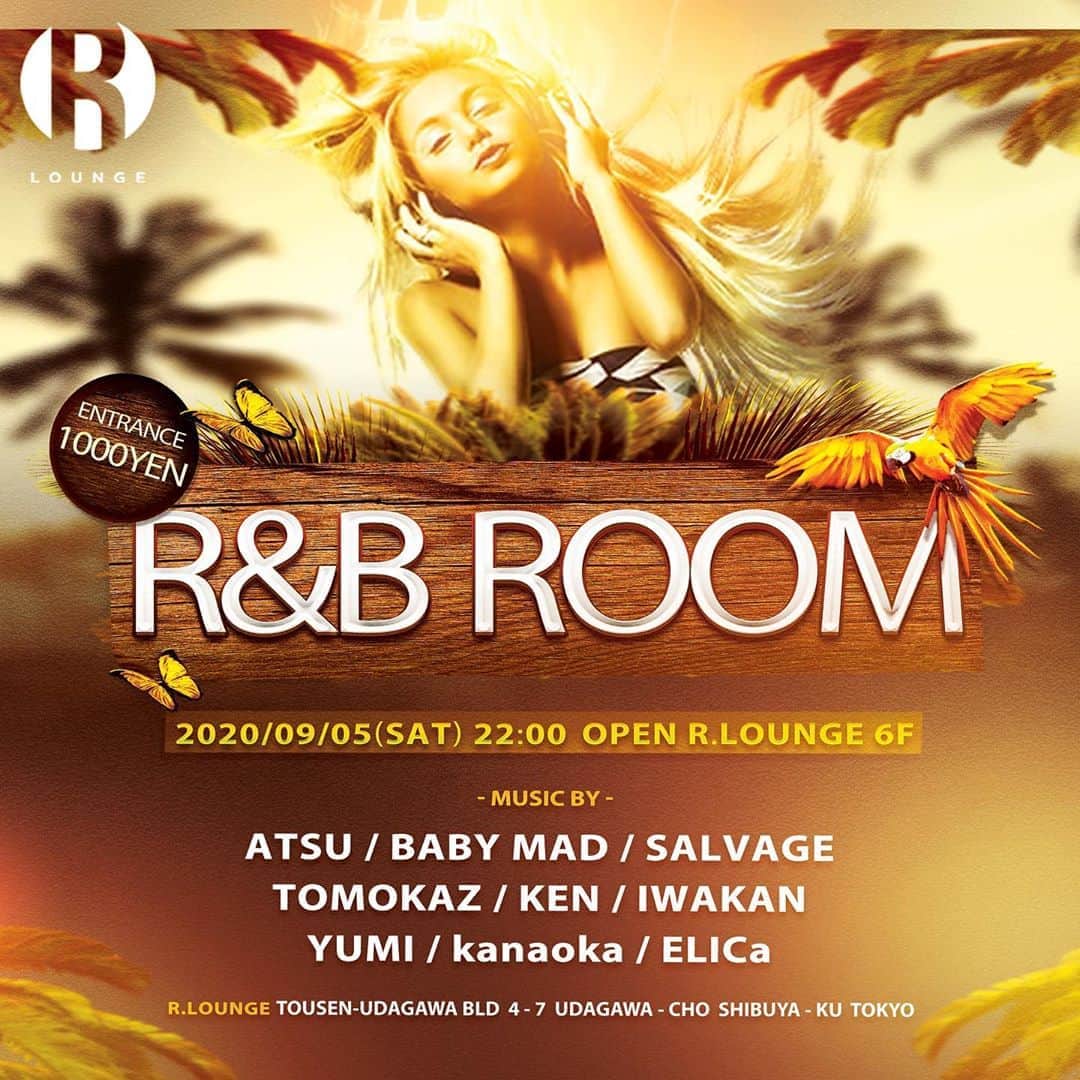DJ ATSUのインスタグラム：「久しぶりのR&B ROOM！﻿ しかもR.Loungeでやります‼︎﻿ ﻿ メンツも #iScream_neo なメンバーなんで、和気あいあいとのんびり楽しめたらと思ってます！お時間ある皆様もゼヒ♪﻿ ﻿ ﻿ 2020/09/05(SAT) R&B ROOM at R.Lounge﻿ OPEN 22:00-﻿ FEE 1,000yen﻿ ﻿ MUSIC BY : ﻿ ATSU / BABY MAD / SALVAGE / TOMOKAZ / KEN / IWAKAN / YUMI / kanaoka / ELICa」