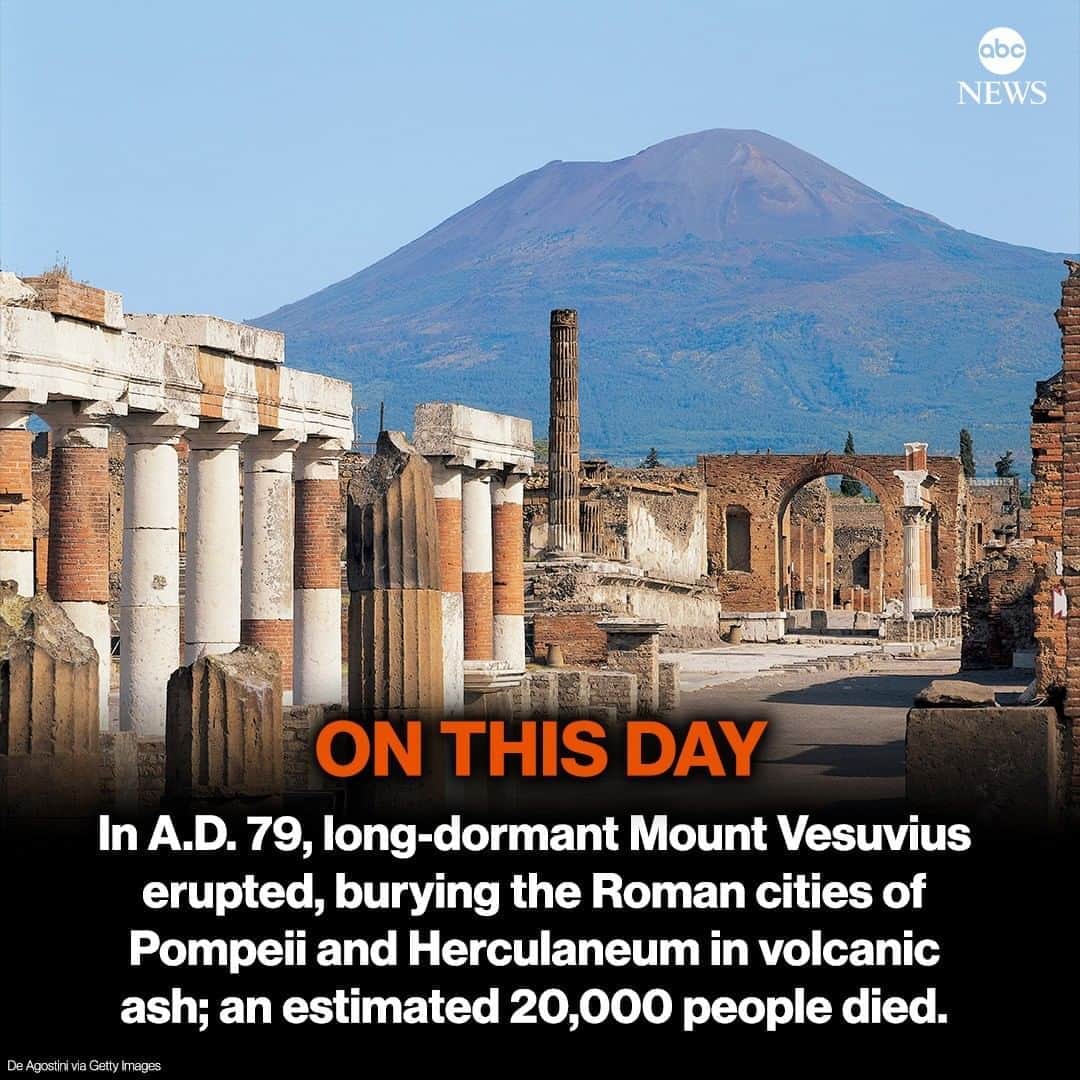 ABC Newsさんのインスタグラム写真 - (ABC NewsInstagram)「ON THIS DAY: In A.D. 79, long-dormant Mount Vesuvius erupted, burying the Roman cities of Pompeii and Herculaneum in volcanic ash; an estimated 20,000 people died. #onthisday #history #pompeii #mountvesuvius」8月24日 19時44分 - abcnews
