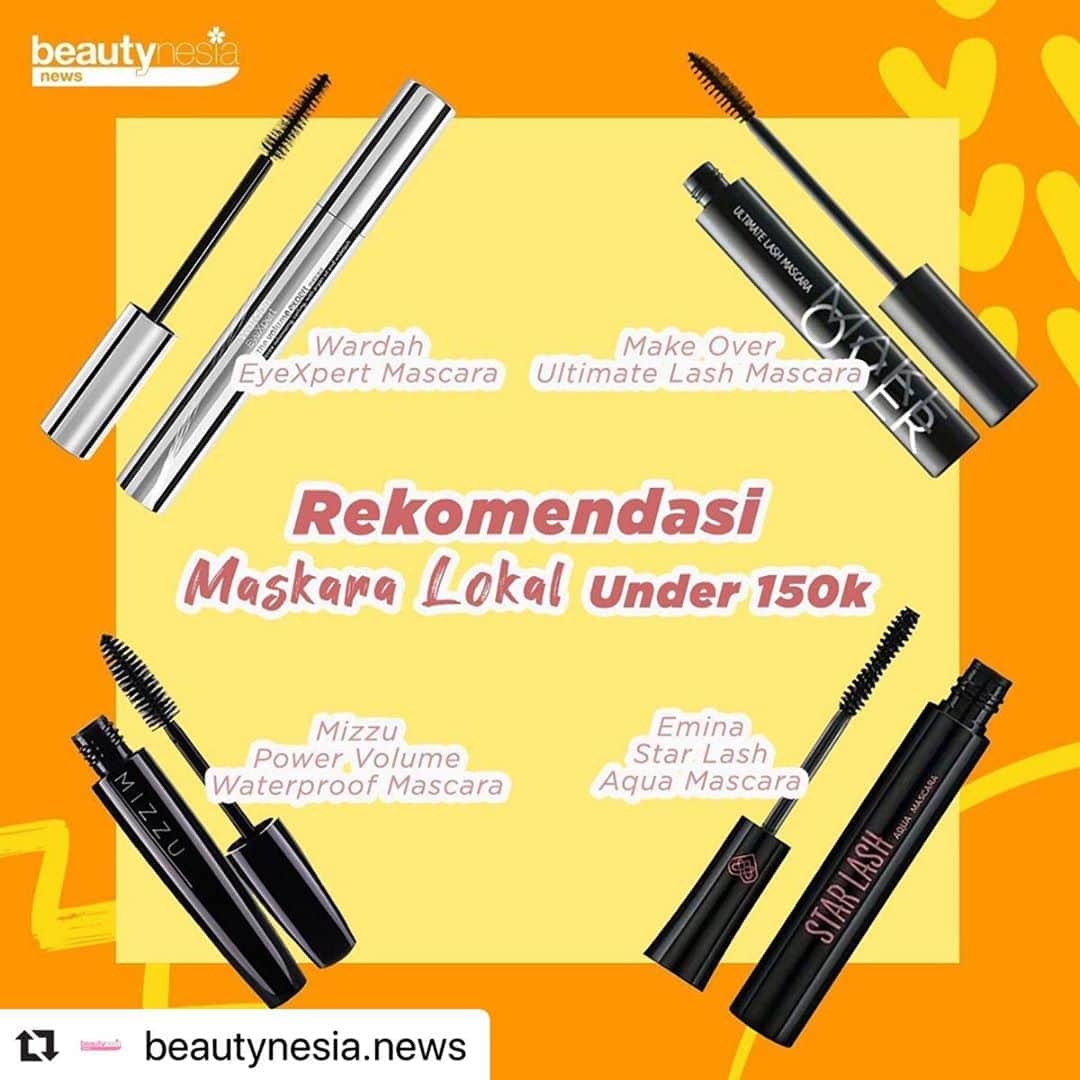 のインスタグラム：「Gak lengkap yah rasanya kalo make up gak pakai maskara. Make up yang satu ini berfungsi untuk menebalkan dan memanjangkan bulu mata agar tampilan mata menjadi lebih tegas dan hidup. Gak cuma produk luar kok, produk lokal juga memiliki mascara yang bagus dengan harga dibawah 150K. Beautynesia News punya rekomendasinya nih buat kamu ⁣⁣ ⁣⁣ Wardah EyeXpert Mascara⁣⁣ Rp 58.000⁣⁣ ⁣⁣ Make Over Ultimate Lash Mascara⁣⁣ Rp 102.000⁣⁣ ⁣⁣ Mizzu Power Volume Waterproof Mascara⁣⁣ Rp 50.000⁣⁣ ⁣⁣ Emina Star Lash Aqua Mascara⁣⁣ Rp 38.000⁣⁣ ⁣⁣ --⁣⁣ #BeautynesiaNews #RekomendasiProdukLokal #MAskaraLokal #ProdukLokal #RekomendasiBeautynesia #Maskara #Maskarawaterproof⁣⁣」
