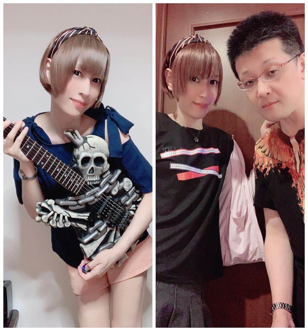 荒金さとみのインスタグラム：「アーティスト：ケイDEATHRUSH氏 (@kei_dokurochan) に会ってきたのだ😆 ☠️ギターに注目😈さとみんが持つとギー太🎸ぽくなる🤣🤣 #ジョージリンリンチ #ケイDEATHRUSH」