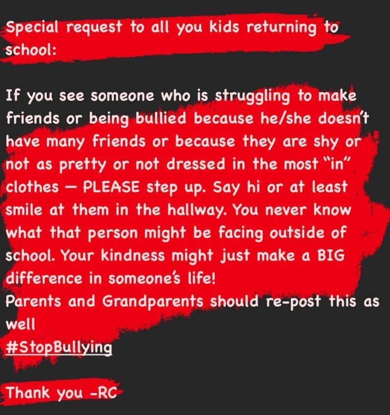 リッキー・カーマイケルさんのインスタグラム写真 - (リッキー・カーマイケルInstagram)「I’ve been posting this for a few years now and I hope it’s helping make a difference. School started here for some last week in Tallahassee so I wanted to send this reminder to all the kids and parents who are or will be starting school. It’s been a tough year and I’m sure it’s been especially hard on some kids and their families. Let’s all try to be a little nicer to each other. This also goes for all you #keyboardwarriors out there. Please take a moment to talk to your kids about this and share if you agree. Thank you. #StopBullying #AntiBullying #BeNice」8月24日 23時55分 - rickycarmichael