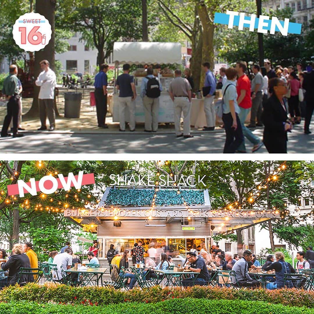 SHAKE SHACKさんのインスタグラム写真 - (SHAKE SHACKInstagram)「📍Madison Square Park Shack (then vs. now)   Talk about a glow up! ✨ Sixteen years ago, we opened our first Shack in NYC.   Back in ‘01, our founder @dhmeyer opened a hot dog cart as a part of a temporary art installation to support Madison Square Park.   Three summers later, it became so popular, we decided to build a permanent Shack.   Today, we have almost 300 locations around the world + we're still growin’!   Safe to say, we couldn't have gotten here without YOU! Thanks for all the memories + can't wait to make some more. 💚  #shakeshack」8月25日 0時07分 - shakeshack