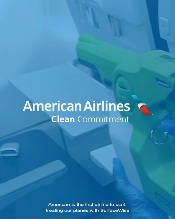 アメリカン航空のインスタグラム：「In the coming months, we will be rolling out the boldest step in our Clean Commitment as the first airline to use SurfaceWise®2. More than just a momentary clean, our new electrostatic spray will provide sustained protection against coronaviruses in flight. Read more on our Newsroom link in bio.」