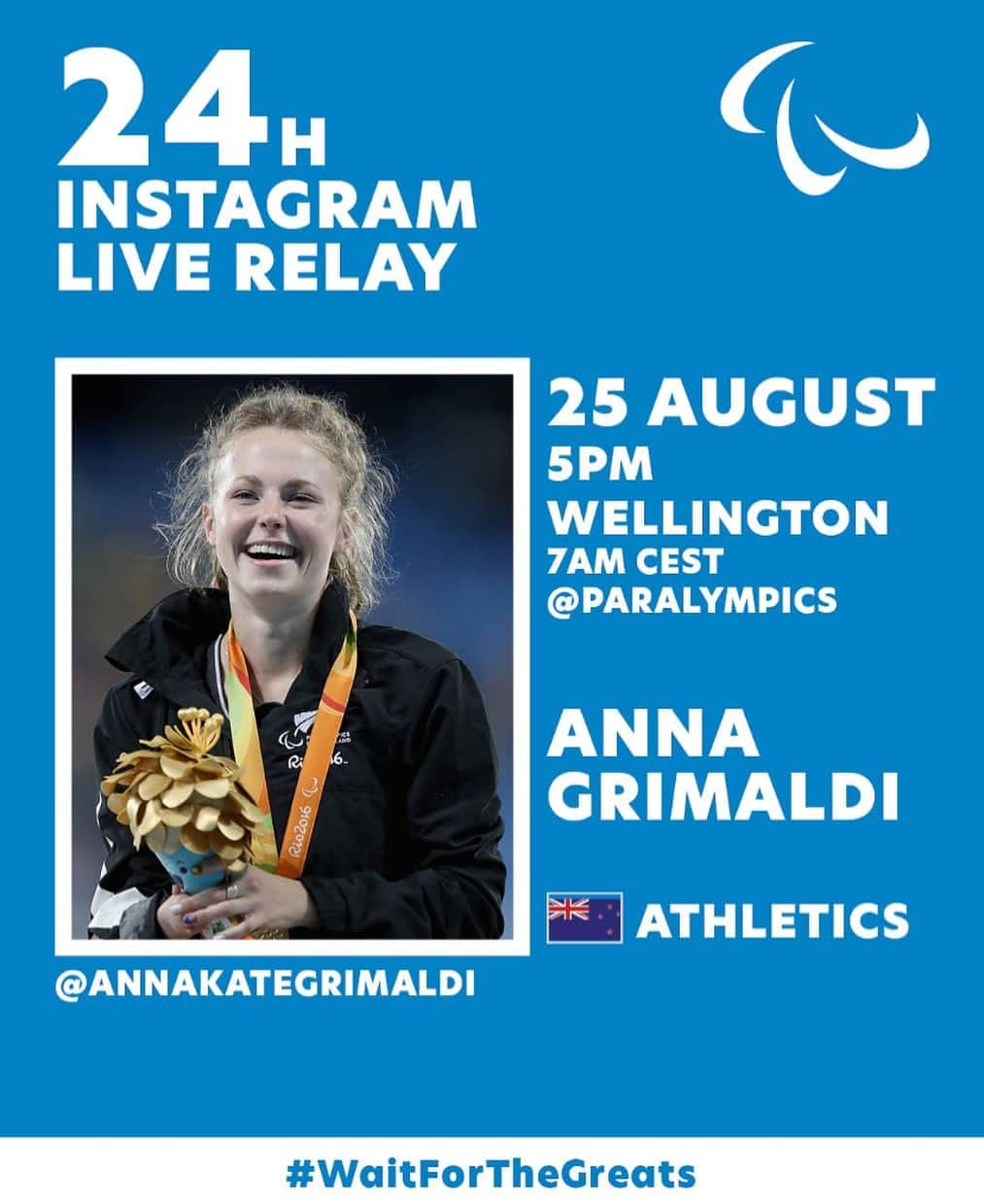 Anna Grimaldiのインスタグラム：「Come and join me on the first leg of the 24hr Instagram live over on @paralympics!  Today 5pm NZT 🇳🇿 #WaitForTheGreats #oneyeartogo」