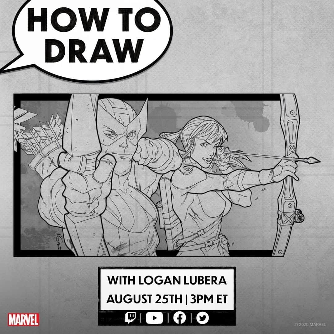 Marvel Entertainmentさんのインスタグラム写真 - (Marvel EntertainmentInstagram)「Artist Logan Lubera (@LoganX37) joins us tomorrow to show us how to draw the Hawkeyes, Clint Barton and Kate Bishop! 🏹 Tune in tomorrow at 3PM ET. #MarvelAtHome」8月25日 7時14分 - marvel