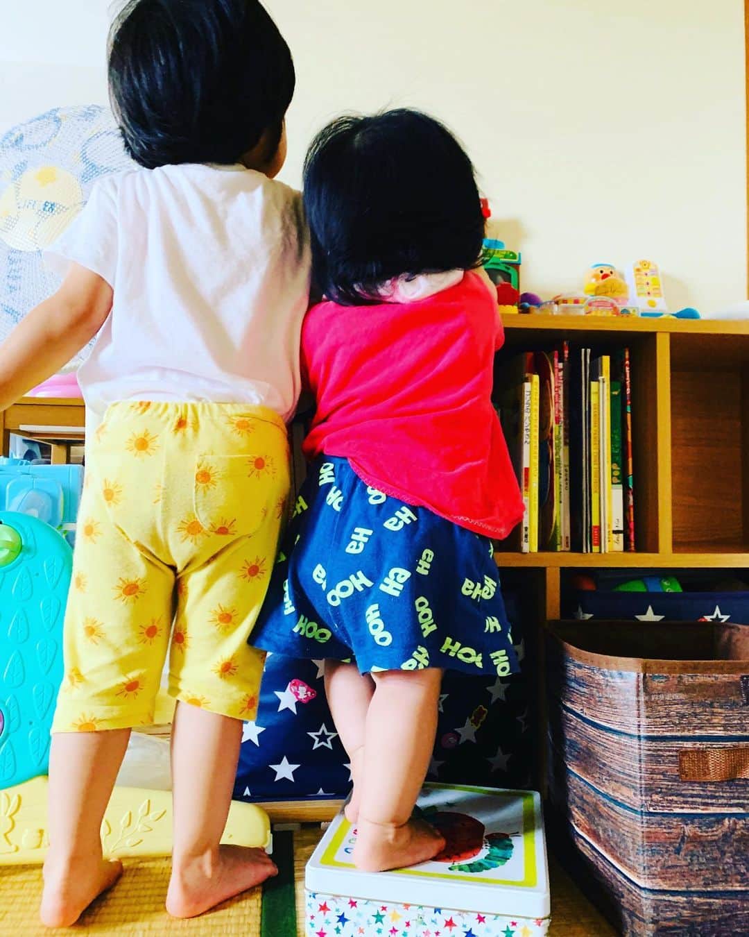 横山愛子のインスタグラム：「棚の上の、アンパンマンおもちゃで遊びたいんだけど…… いつも次女にとっては少し棚が高くて💦 危なかったしく遊んでた(o_o)  けど…ちょうどいいものを見つけたらしく笑 上手に段差にしてた❗️！🤣🤣 これもこれで危ないけど。。。 二人とも楽しそうだから、見守っておこう☆」