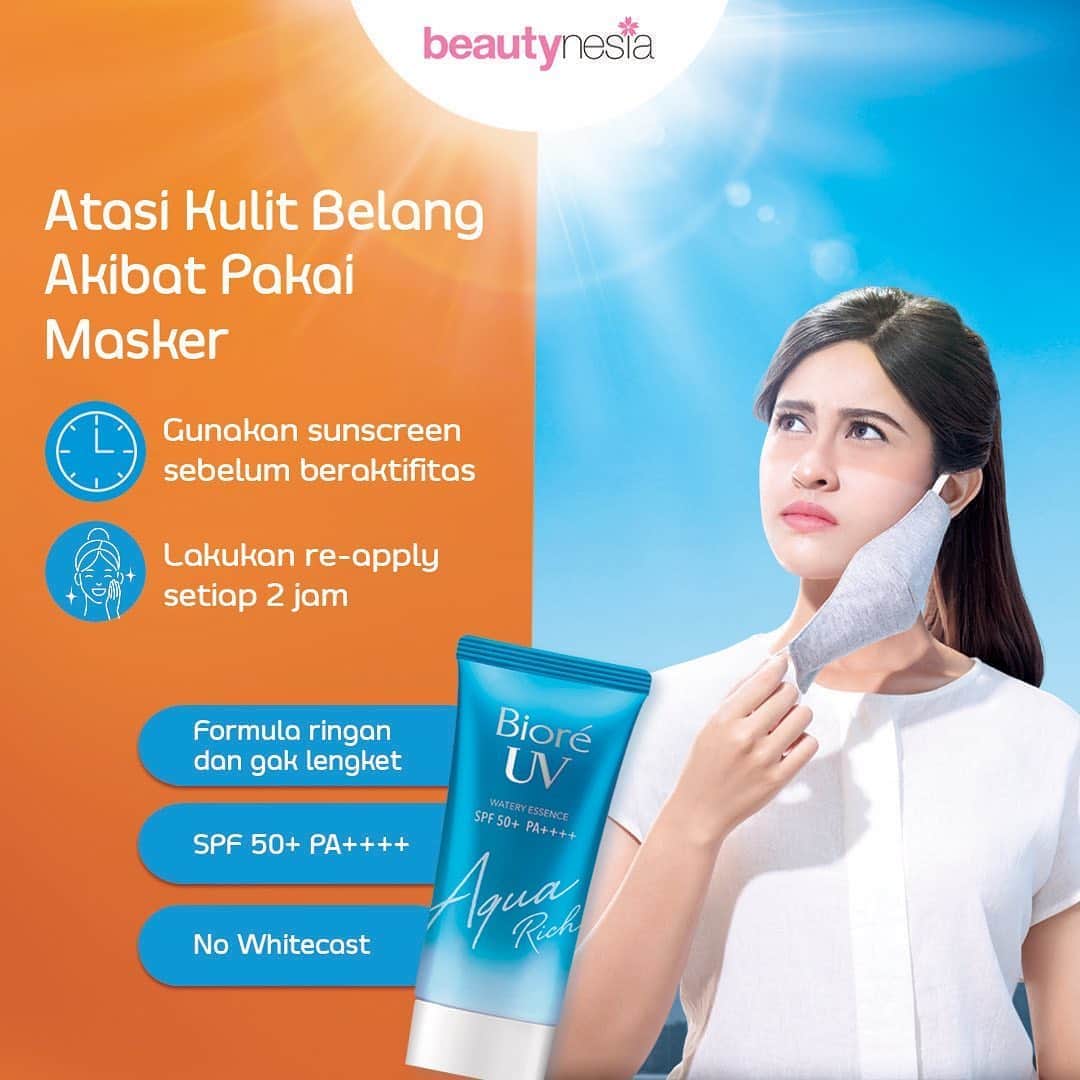 のインスタグラム：「Selama memasuki era new normal ini, masker menjadi hal yang wajib digunakan sebagai pencegahan virus. Tapiii, gak jarang nih karena pemakaian masker yang hampir setiap hari menyebabkan kulit menjadi belang. Apalagi kalau kamu sering terpapar sinar matahari. Makanya, penting banget untuk kita menggunakan sunscreen setiap hari.⁣⁣⁣⁣ ⁣⁣⁣⁣ Yup, Biore UV Aqua Rich bisa banget nih jadi solusi kamu untuk mengatasi kulit yang belang akibat pakai masker. Memiliki kandungan Watery Essence yang ringan dan gak lengket jadi nyaman banget di pakai seharian. Gak perlu takut dengan sinar matahari lagi Beautynesian, karena Biore UV Aqua Rich mengandung SPF 50+ PA++++ yang mampu melindungi kulit dari sinar UVA & UVB secara maksimal. Selain itu, sunscreen ini gak akan menimbulkan wihtecast pada kulit. Supaya hasil lebih maksimal, jangan lupa untuk re-apply setiap 2 jam ya.⁣⁣⁣⁣ ⁣⁣⁣⁣ Kamu udah coba Biore UV Aqua Rich belum nih Beautynesian ?⁣⁣⁣⁣ ⁣⁣⁣⁣ #PAKEMASKERtanpaBelang #BeautynesiaID⁣」