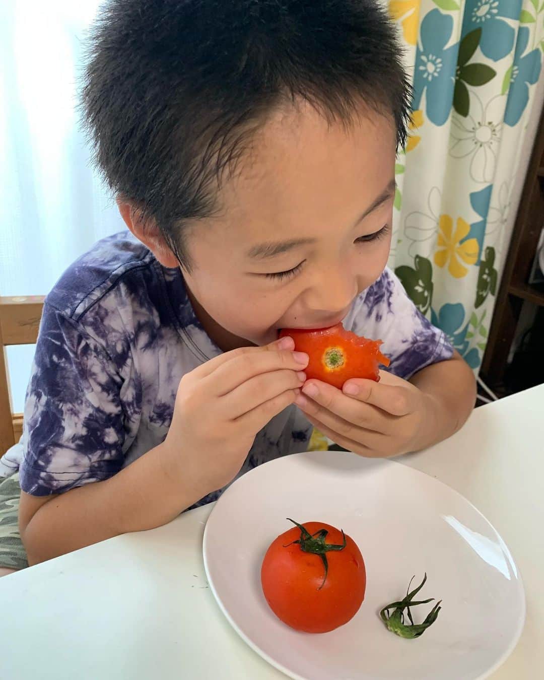 のインスタグラム：「息子におやつ何食べたい？って聞いたら、トマト2個だって🍅  健康的ね👏   #息子  #7歳  #トマト大好き」