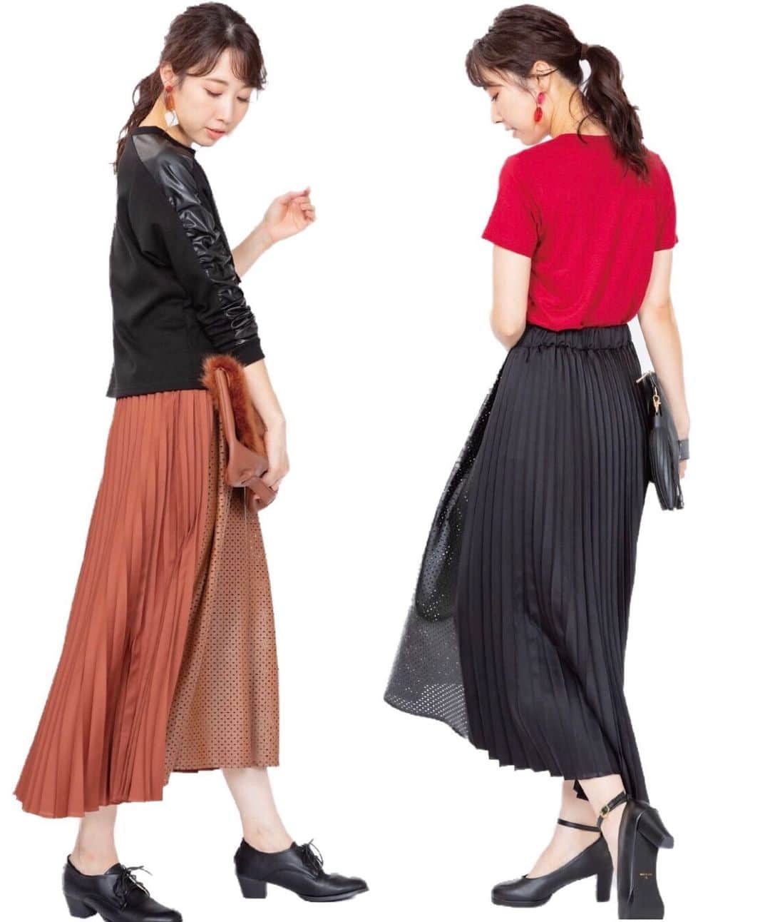 崎本ゆかりのインスタグラム：「leather×satin 異素材コンビスカート🧡🖤 まだまだ暑いけど 秋服可愛いのいっぱい  🍂 @jetsetsoloplus  #fashion#jetsetsoloplus#skirt#leather#satin#autumnfashion#model#mindwind#zozotown#web#magazine#memories #秋服コーデ#ファッション#秋#モデル#撮影#お仕事」