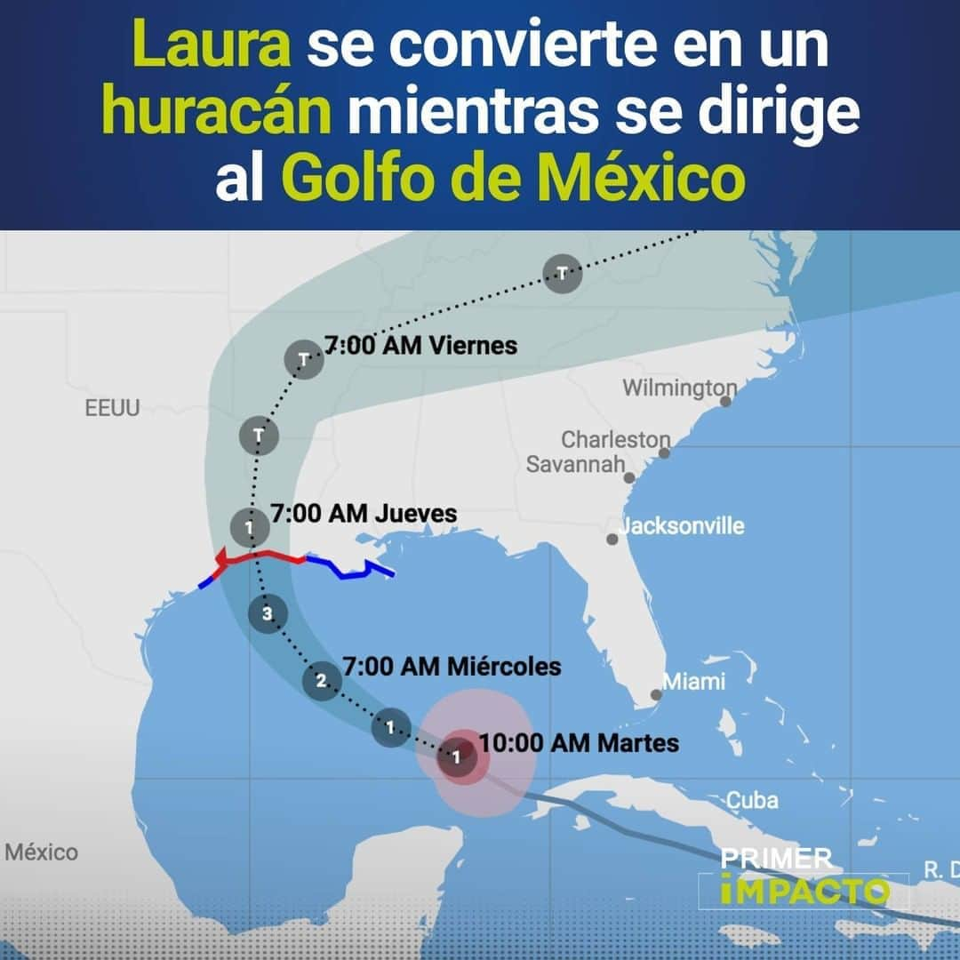 Primer Impactoさんのインスタグラム写真 - (Primer ImpactoInstagram)「#Laura se fortaleció y ya es un #huracán en el #GolfoDeMéxico.  Los pronósticos indican que llegará con categoría 3 a la costa, entre #Texas y #Louisiana.   Mira en el link de nuestra biografía cómo preparar un kit casero, qué hacer con los aparatos eléctricos y más consejos antes de su llegada.  A las 5pm/4c en #PrimerImpacto espera un informe completo sobre la situación.」8月26日 0時30分 - primerimpacto