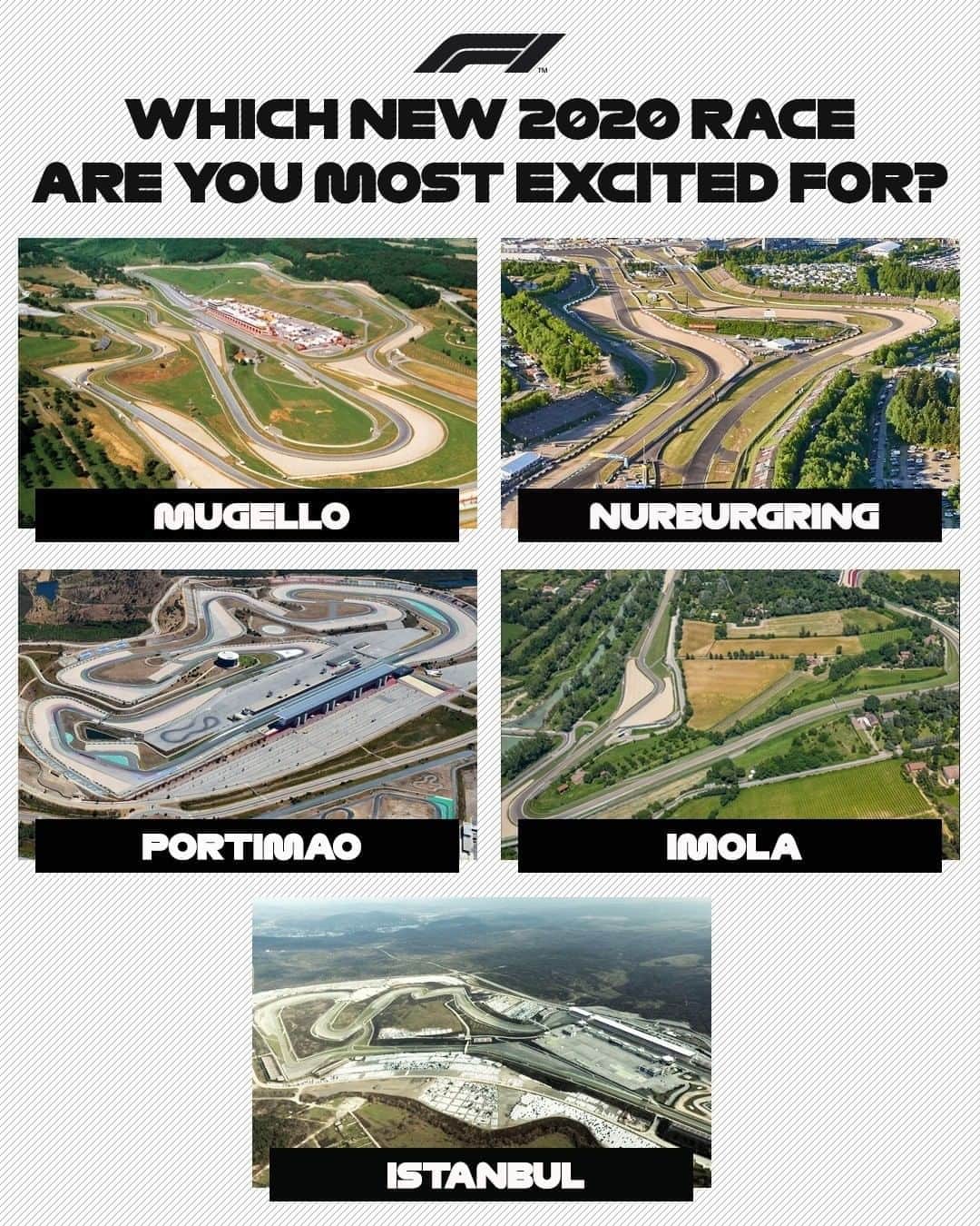 F1さんのインスタグラム写真 - (F1Instagram)「Pick one! 🤔🤯 . It's tough, isn't it?! 😀 What's your top 5 order? . #Mugello #Nurburgring #Portimao #Imola #Istanbul #F1 #Formula1」8月26日 1時33分 - f1