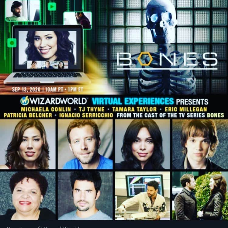 T・J・サインのインスタグラム：「We had SO much fun with you all this past weekend with the Q&A and private chats, we decided to do it again!! Come hang virtually with me, Michaela, Tamara, Eric, Ignacio, And miss Patricia! Let the fun begin 😀 September 13th!  Wizardworld.com  Bones 🦴 🎥 🍿」