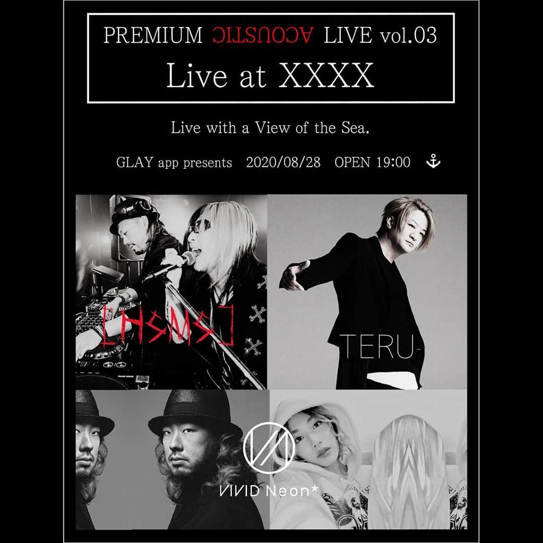 TERUのインスタグラム：「^_^  いよいよ明後日に迫りました！  LIVE at ＸＸＸＸ　vol.3  夏を満喫して頂けたらと言う事でHOMEを抜け出し、とある海岸に隣接する美術館のような施設でのライブ配信となります。  そんなライブに向け今夜は見所などを語るテルキャスを21時より生配信。  久々のテルキャスなので参加の仕方をお忘れの方も多いかもしれませんが、GLAY MOBILE内から参加できますのでお時間ある方は是非遊びに来て下さい。  ではでは、お楽しみに^_^  #liveathome  #テルキャス」