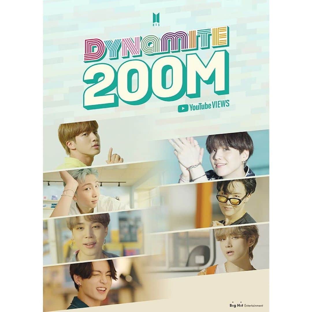 のインスタグラム：「#BTS の新曲「Dynamite」のミュージックビデオが、公開から4日と12時間でYouTubeの再生回数2億回を突破🥳✨﻿ ﻿ 📸: Big Hit Entertainment」