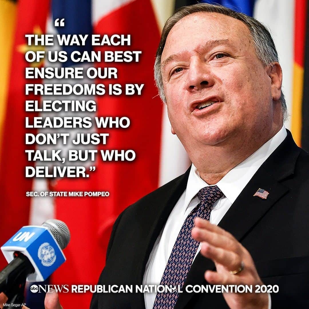 ABC Newsさんのインスタグラム写真 - (ABC NewsInstagram)「Praising recent Israel-U.A.E. agreement announced by Pres. Trump, Secretary of State Mike Pompeo says, "The way each of us can best ensure our freedoms is by electing leaders who don’t just talk, but who deliver." #RNC2020」8月26日 11時42分 - abcnews