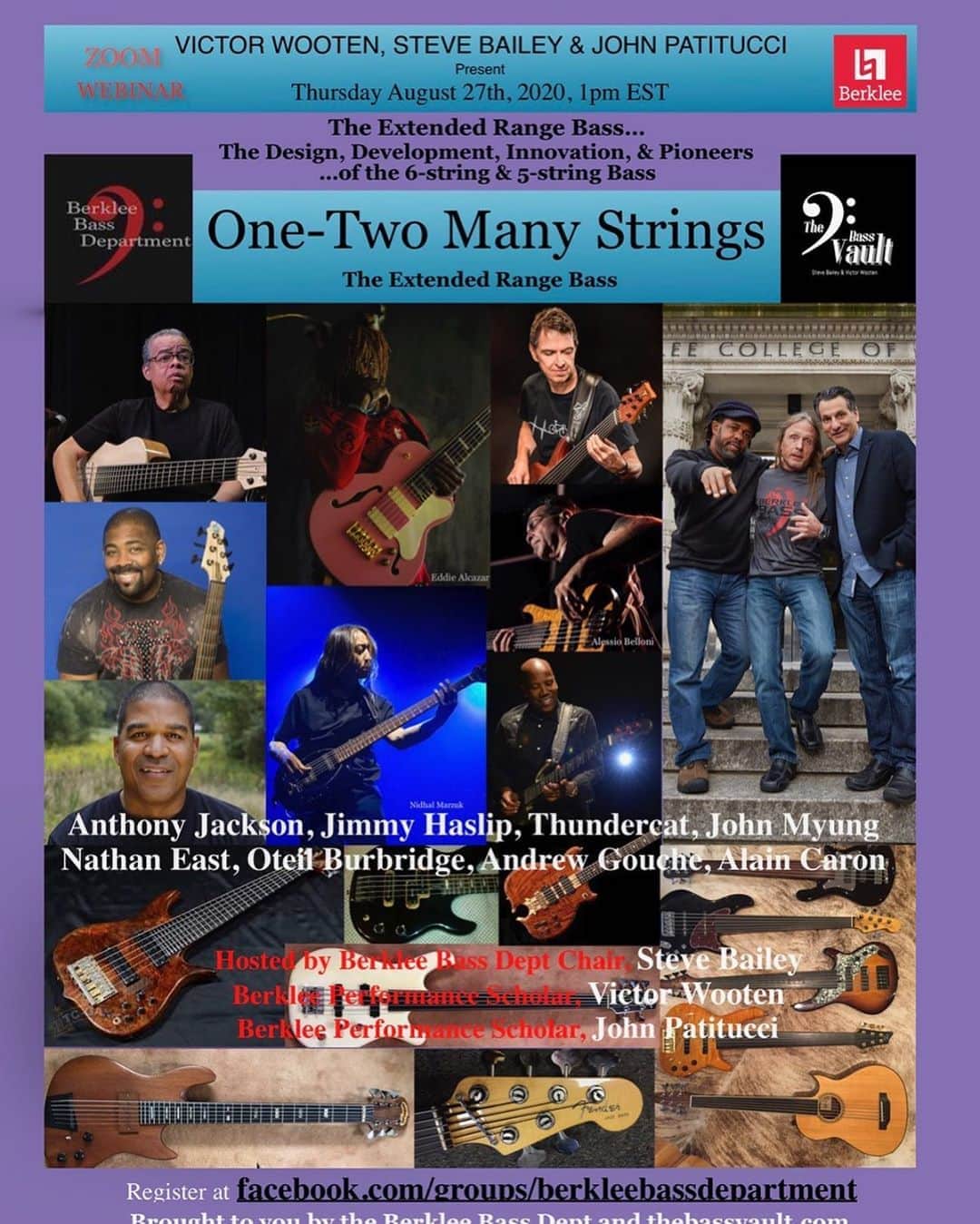 ヴィクター・ウッテンのインスタグラム：「5 & 6 String Bass, a Historical Perspective  Free Webinar Thursday 1pm EDT: Register Below  with: Anthony Jackson, John Myung, Jimmy Haslip, Thundercat, Nathan East, Oteil Burbridge, Andrew Gouche, Alain Caron, John Patitucci, Steve Bailey, and builders Ken Smith, Michael Tobias, Vinnie Fodera, and  more.  The Extended Range Bass dates back to the early 70's. The Legendary Players who developed and innovated the Low B and High C, here together, to finally discuss the timeline of its implementation into the lexicon of music.   These stylistically diverse Pioneers are the catalyst for the first major innovation of the instrument since Leo Fender and the Precision Bass in 1951. The journey from the early 70’s to Today is chronicled by each of these illustrious virtuosi.   Hosted by Victor Wooten, John Patitucci, and Steve Bailey   Aug 27, 2020 1pm EDT LINK to Register. You must register to receive Webinar Link. It is Free of course.    https://berklee.zoom.us/webinar/register/WN_bhOEfcTgQvi2NZRisl0jng」