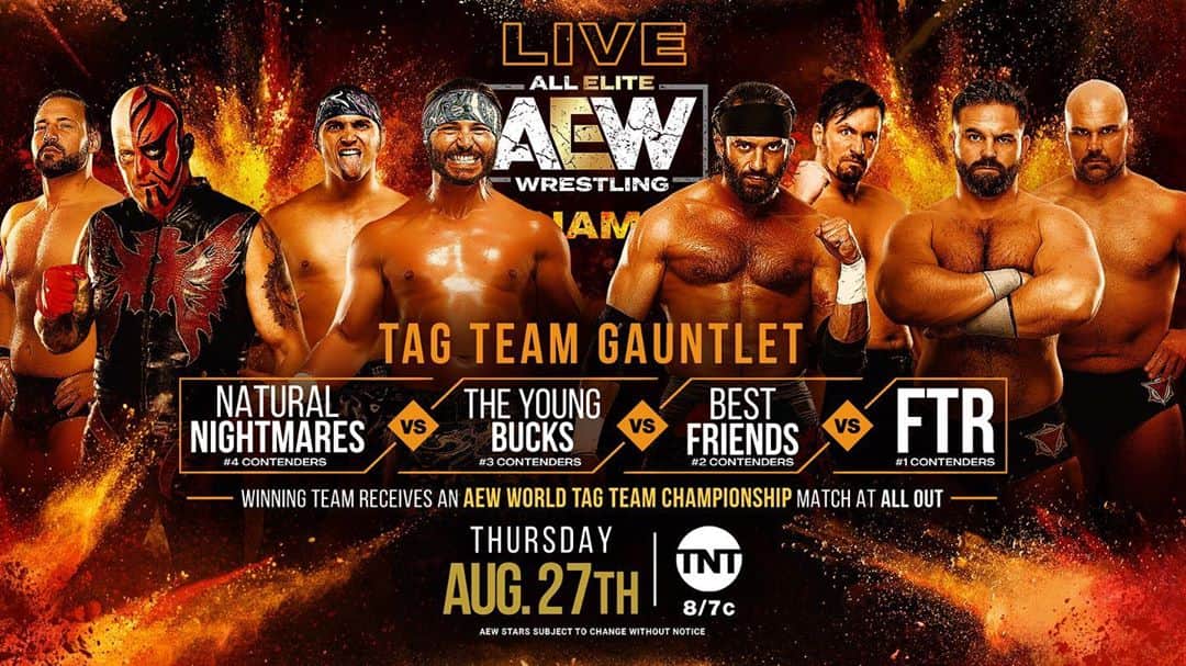 ニック・ジャクソンのインスタグラム：「Dynamite is on Thursday this week. Huge gauntlet tag match to see who gets a championship shot at the PPV!」