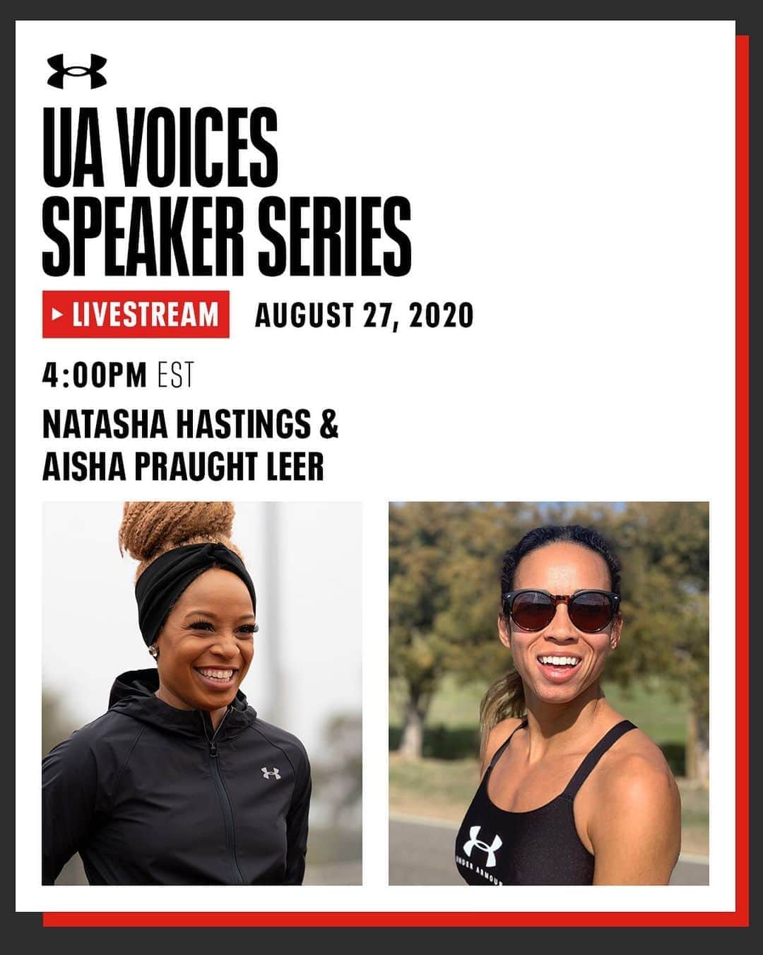 Under Armourさんのインスタグラム写真 - (Under ArmourInstagram)「Join us tomorrow at 4pm ET for a new episode of our UA Voices speaker series, with professional track athletes @natashahastings and @aishapraughtleer, to talk about their efforts to support young women in sport and in life.」8月27日 0時01分 - underarmour