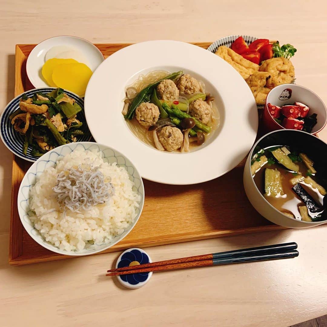 本田しおりのインスタグラム：「夫の夜食  鶏団子とアスパラとしめじの春雨スープ煮 つるむらさきとお揚げのお浸し がんもの煮物 タコ🐙とワカメの酢の物 茄子と油揚げのお味噌汁  夜遅いのでカロリーオフなおかず達です  #おうちごはん」