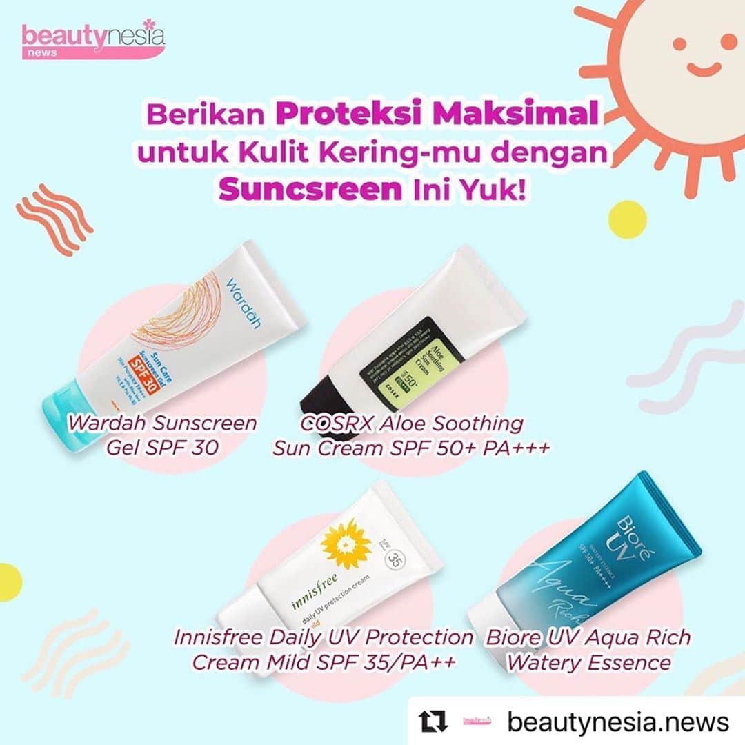 のインスタグラム：「Khususnya untuk kamu beb yang mulai menggunakan skincare dan punya kulit yang cenderung kering, kamu wajib  banget pakai sunscreen! ⁣⁣ ⁣⁣ Alasannya paparan sinar UV bisa membawa efek buruk pada kulit baik dalam jangka pendek dan panjang. Seperti Sunburn, kulit kusam, penuaan dini pada kulit, dan risiko kanker kulit. ⁣⁣ ⁣⁣ Ini dia nih 4 rekomendasi sunscreen yang cocok untuk kulit kering versi Beautynesia News: ⁣⁣ ⁣⁣ ✨⁣ Wardah Sunscreen Gel SPF 30⁣ ✨COSRX Aloe Soothing Sun Cream SPF 50+ PA+++⁣ ✨Innisfree Daily UV Protection Cream Mild SPF 35/PA++⁣ ✨Biore UV Aqua Rich Watery Essence⁣ ⁣ ⁣⁣ Sunscreen favorite kamu yang mana nih Beb ? ⁣⁣ ⁣⁣ #BeautyNesiaNews #Glowing2020 #Skincare #TipsSkincare #Sunscreen #BeautyTips #TipsCantik #TipsKecantikan #AntiUV #innisfreesunscreen #cosrxsunscreen  #WardahSunscreen #bioresunscreen #MengatasiKulitKusam #RekomendasiSunscreen #RekomendasiSkincare ⁣」