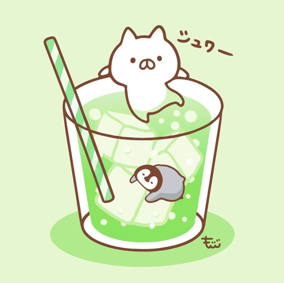 もじじのインスタグラム：「メロンソーダ🍈 #ねこぺん日和#ねこぺん#ねこくん#ぺんちゃん#メロンソーダ」