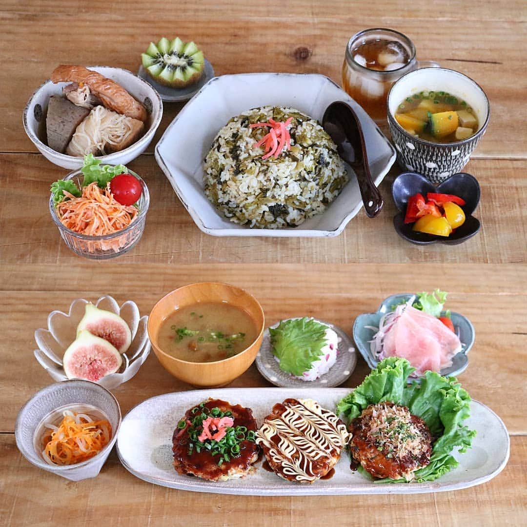 yunaのインスタグラム：「♩ . #まとめて投稿 #ひとりごはん . . 🍚高菜ピラフ おでん 人参のゴマサラダ かぼちゃのお味噌汁 パプリカのマリネ キウイ🥝 . . 🍚ミニお好み焼き もやしと人参のナムル 玉ねぎと生ハムのサラダ しば漬けおにぎり なめこのお味噌汁 いちじく . . #yunaご飯#lin_stagrammer#kurashiru#delistagrammer#Japanesefood#ロカリキッチン#デリスタグラマー#クッキングラム#クッキングラムアンバサダー#タベリー#フーディーテーブル#Kissカメラ#iegohanphoto#てづくりごはん365#おうちごはん#おうちごはんlover#ママリクッキング#マカロニメイト#おうちごはん通信#キッチングラム#おうちカフェ#夜ごはん#晩ごはん#dinner#小石原焼#翁明窯元#お好み焼き」