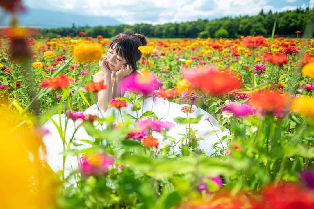 高橋さくらさんのインスタグラム写真 高橋さくらinstagram 約束じゃなくて君の愛をちょーだい お花畑にいきたいよー 伊豆からのお仕事 笑 ジーニアス 花畑 カラフル 夏 空 白 ドレス ウェディング カメラマン モデル ポートレート 山梨