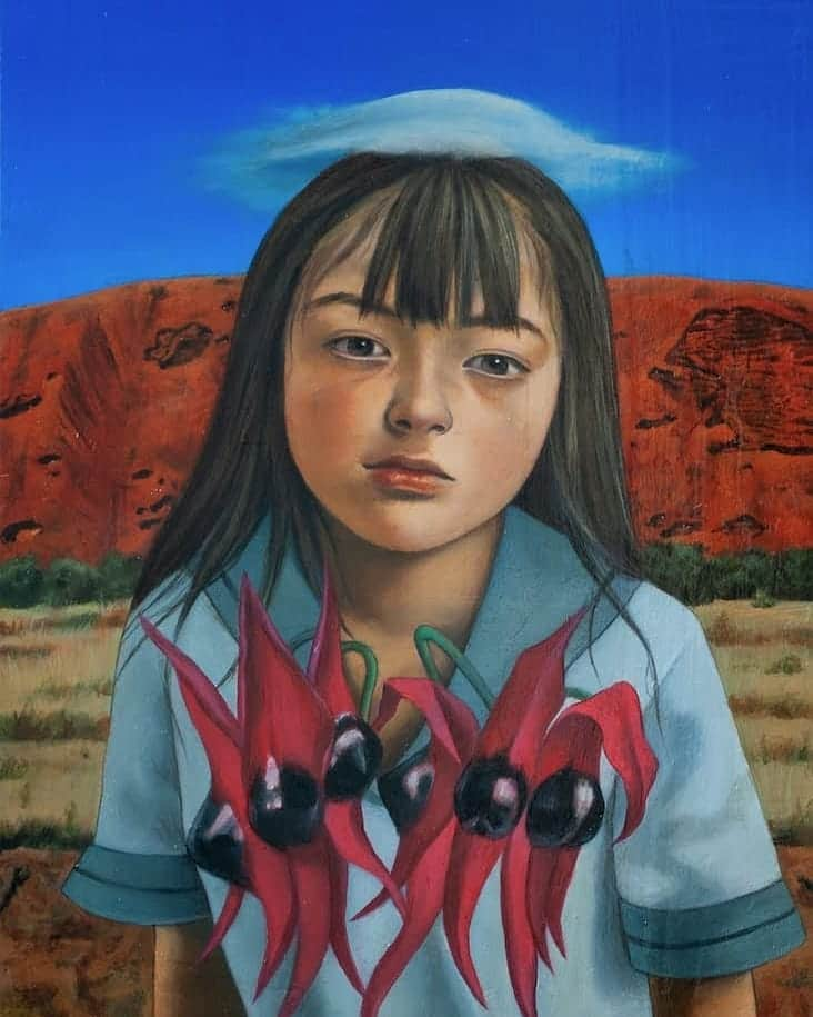 新宅和音さんのインスタグラム写真 - (新宅和音Instagram)「Too Long in the Wasteland 2  sturt's desert pea  For the memoris of being in Australia when I was 13 to 16.These series of pictures are about pretending to be australian wild species in order to deal with the storm of adolesence🌀  #art #artwork #painting #figurativepainting #oilpainting #japaneseart #japaneseartist #japan #portrait #contemporaryart #newcontemporaryart #girl #picoftheday #lowbrowart #popsurrealism #darksurrealism #beautifulbizarre #swsfeature #アート #油彩 #油絵 #女の子」8月27日 10時20分 - kazune1900