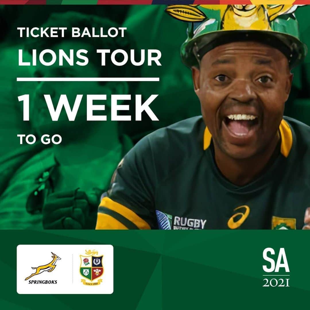 ラグビー南アフリカ代表さんのインスタグラム写真 - (ラグビー南アフリカ代表Instagram)「ONE WEEK TO GO until the British and Irish Lions Tour Ticket Ballot opens! Register now at www.lionstour2021.co.za  #StrongerTogether #SouthAfrica2021 #LionsTour2021 #LetsGetReadyToRugby」8月27日 1時47分 - bokrugby