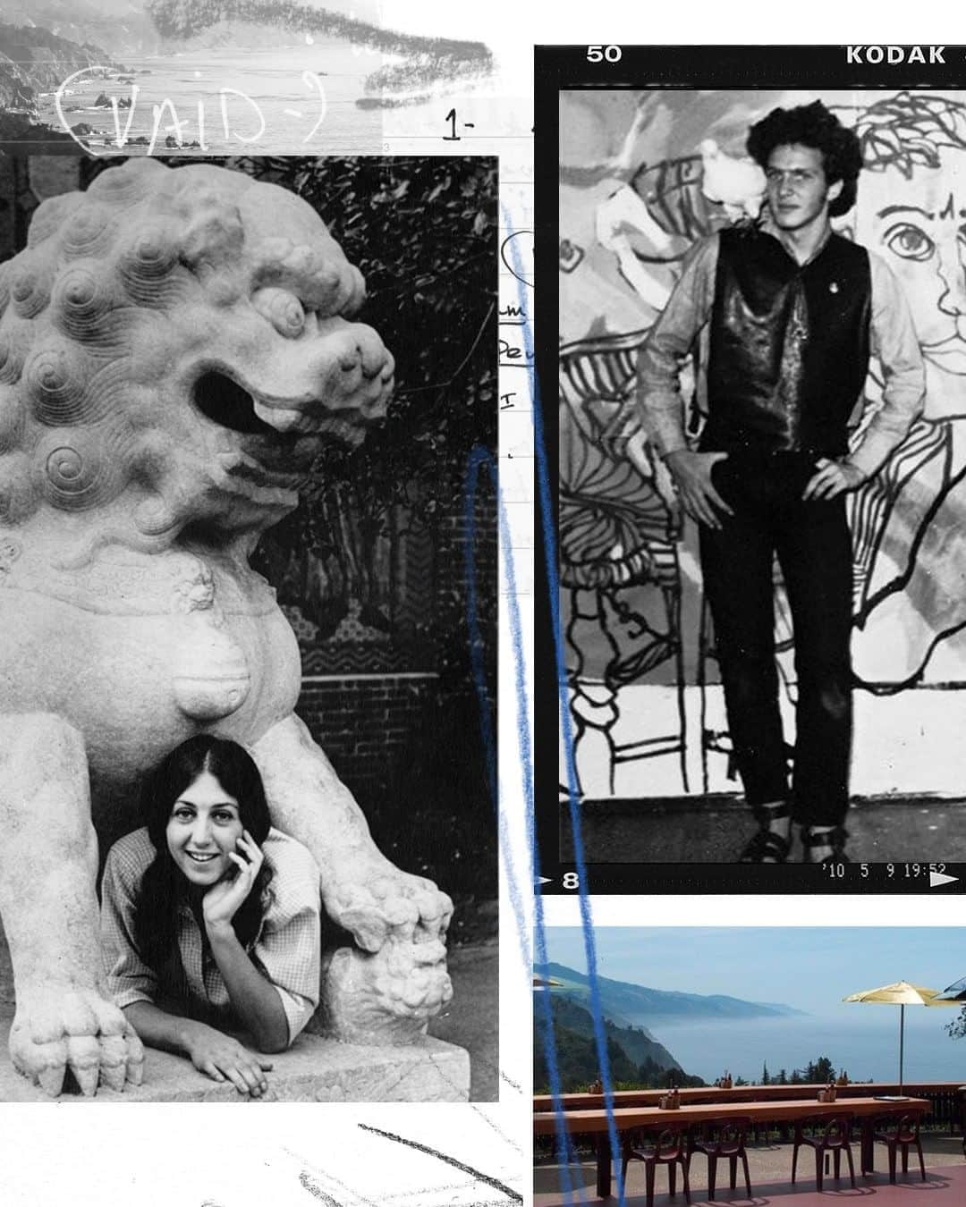デビッドヤーマンのインスタグラム：「“Everything we design is a reflection of our experiences in life.”—Sybil Yurman  - Before they met, Sybil and David Yurman were both drawn to the West Coast, living parallel lives in the ’60s. Here, Sybil is photographed in Berkeley and David stands in front of a painting by Lance Henriksen wearing sandals he designed for Henriksen’s North Beach leather shop. #DavidYurman #DYRoadTrip」