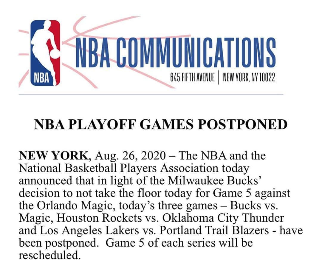 NBAさんのインスタグラム写真 - (NBAInstagram)「NBA Playoff Games Postponed.」8月27日 6時23分 - nba