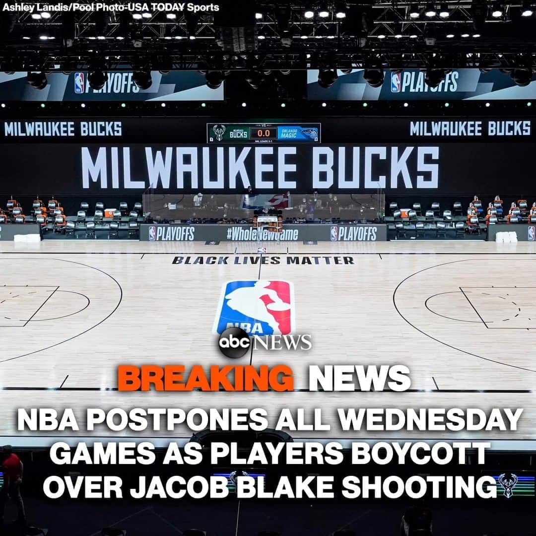 ABC Newsさんのインスタグラム写真 - (ABC NewsInstagram)「DEVELOPING: The NBA announced all three playoff games scheduled for Wednesday have been postponed after the Milwaukee Bucks decided to boycott their Game 5 against the Orlando Magic and other teams appeared likely to follow suit.⁣  The Bucks decided to boycott following the shooting of Jacob Blake in Kenosha, Wisconsin, earlier this week. ESPN's Adrian Wojnarowski was first to report the news. ⁣ "Some things are bigger than basketball," Bucks Senior Vice President Alex Lasry tweeted. "The stand taken today by the players and org shows that we’re fed up. Enough is enough. Change needs to happen. I’m incredibly proud of our guys and we stand 100% behind our players ready to assist and bring about real change."」8月27日 6時31分 - abcnews