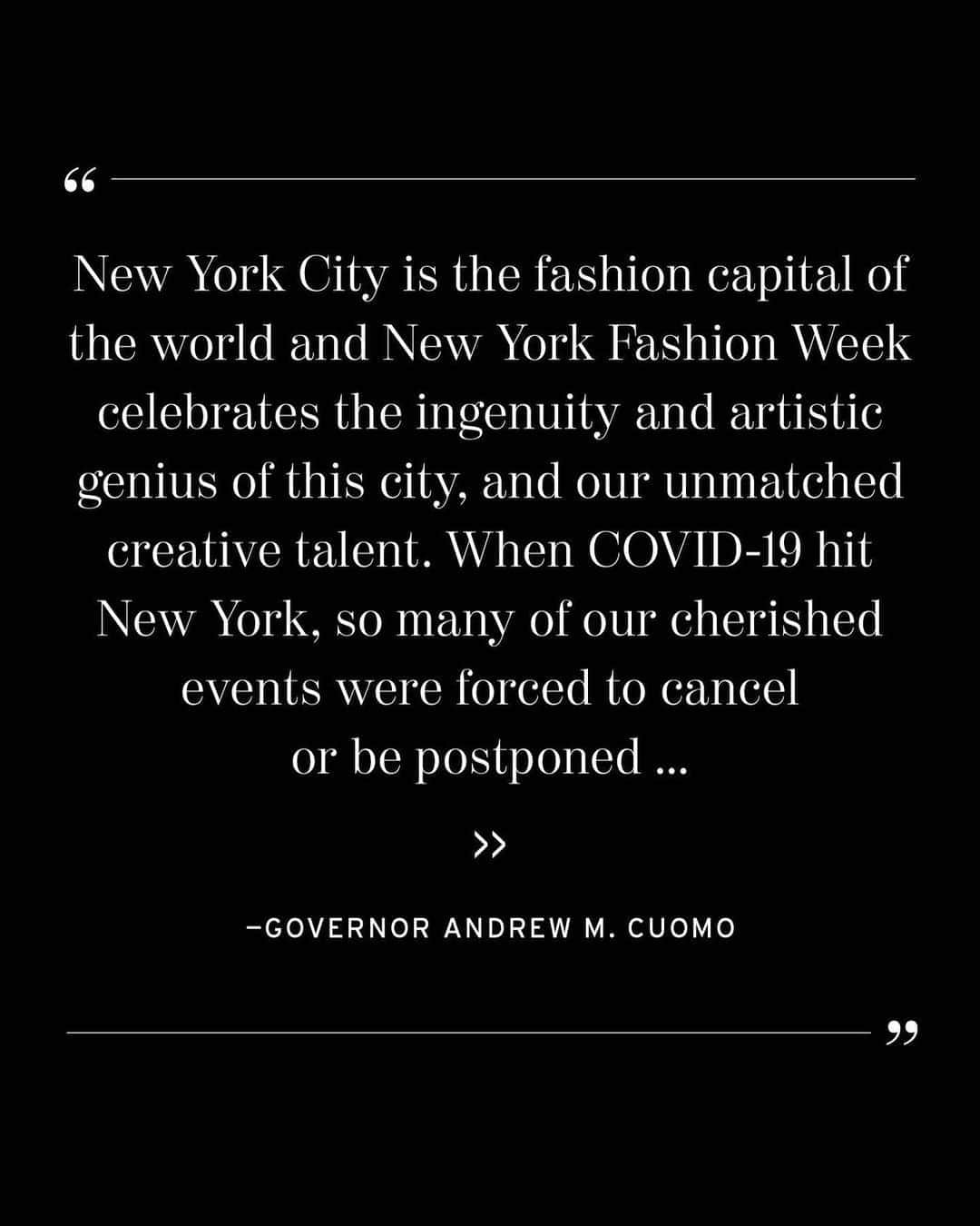 Fashion Weekのインスタグラム：「There’s no place like New York City ❤️ This season, @NYFW: The Shows will take place September 13-17 live from Spring Studios, in adherence with strict state public health guidance, and on NYFW.com. Swipe through for @nygovcuomo’s full statement on #NYFW and visit the link in bio to learn more.」