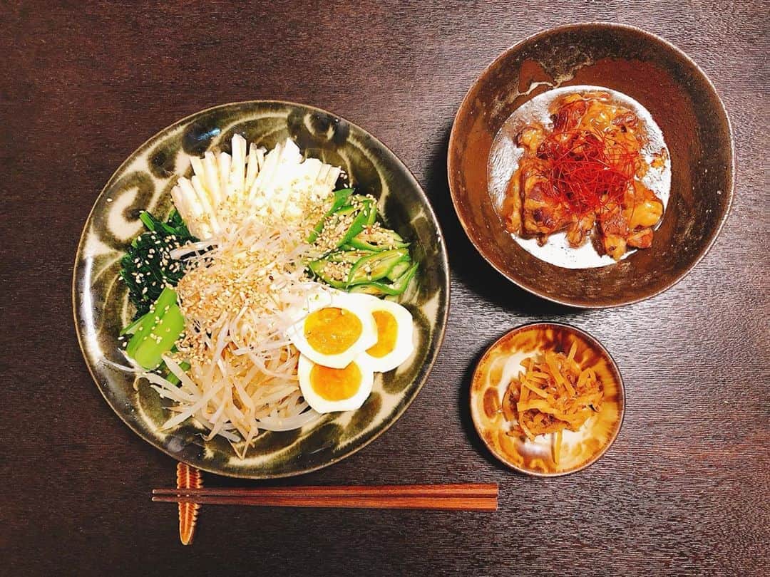 ステファニーのインスタグラム：「🌞🌿🔥 夏バテでも食べられる ネバネバ冷やし中華！ 薬味がもっと欲しかったから またアレンジして作ってみよー！ _____ ネバネバ野菜の冷やし中華 豚肉のトロトロ煮 生姜のと鰹節の醤油煮」