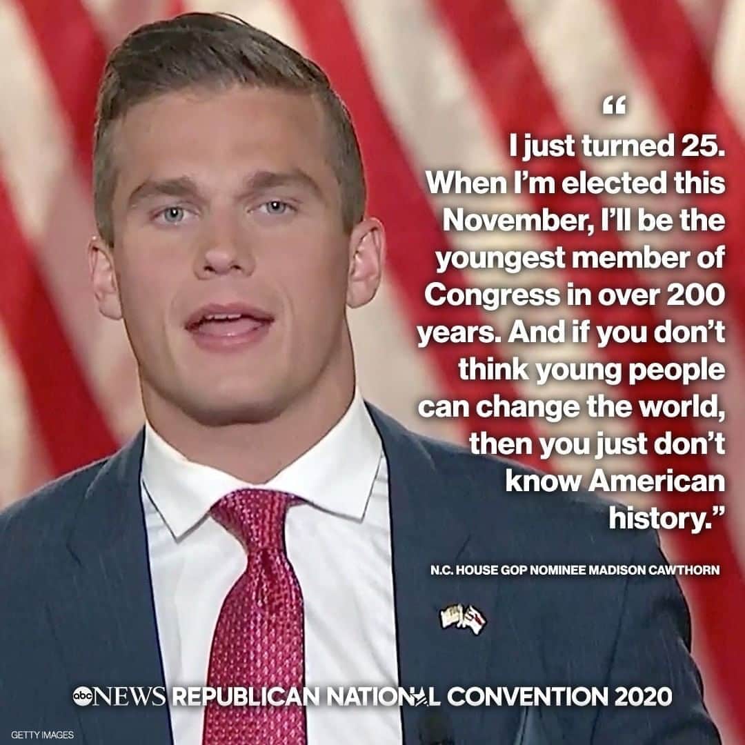 ABC Newsさんのインスタグラム写真 - (ABC NewsInstagram)「25-year-old congressional candidate Madison Cawthorn: "When I’m elected this November, I’ll be the youngest member of Congress in over 200 years. And if you don’t think young people can change the world, then you just don’t know American history." #RNC2020」8月27日 11時03分 - abcnews