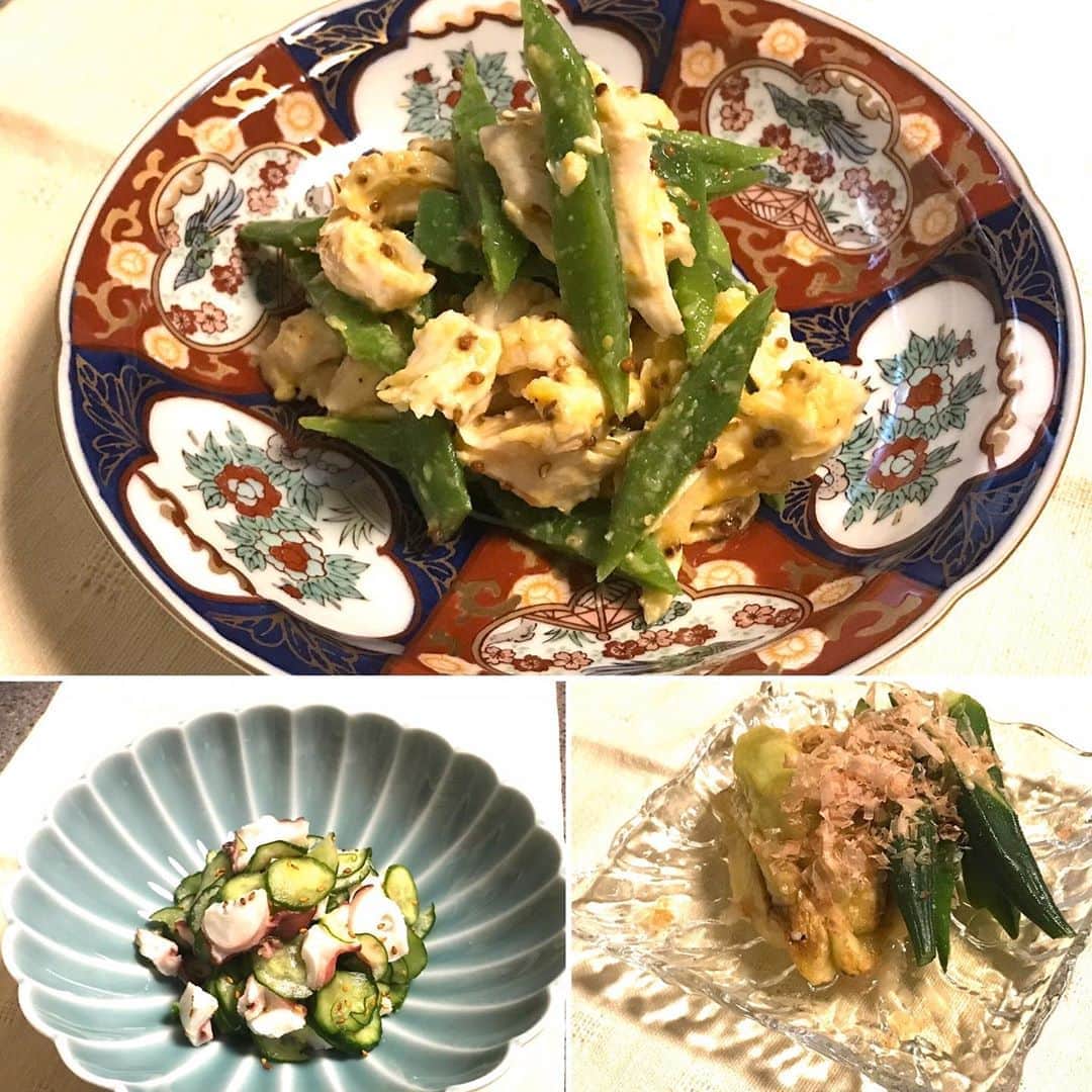 土屋眞弓のインスタグラム：「ある日のおうちごはん  お酒に合うものしか考えられない🤣  #モロッコインゲンと鶏ささみの胡麻和え #蛸と胡瓜の酢の物 #焼き茄子とオクラのお浸し」
