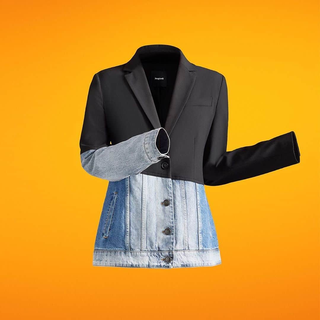 デシグアルのインスタグラム：「Bold? Yes, because everything is possible. Joining casual with tailoring, a blazer and  a denim jacket. 100% jeans cotton and blazer fabric. Two styles, two worlds, in one seam. #lahybridjacket」