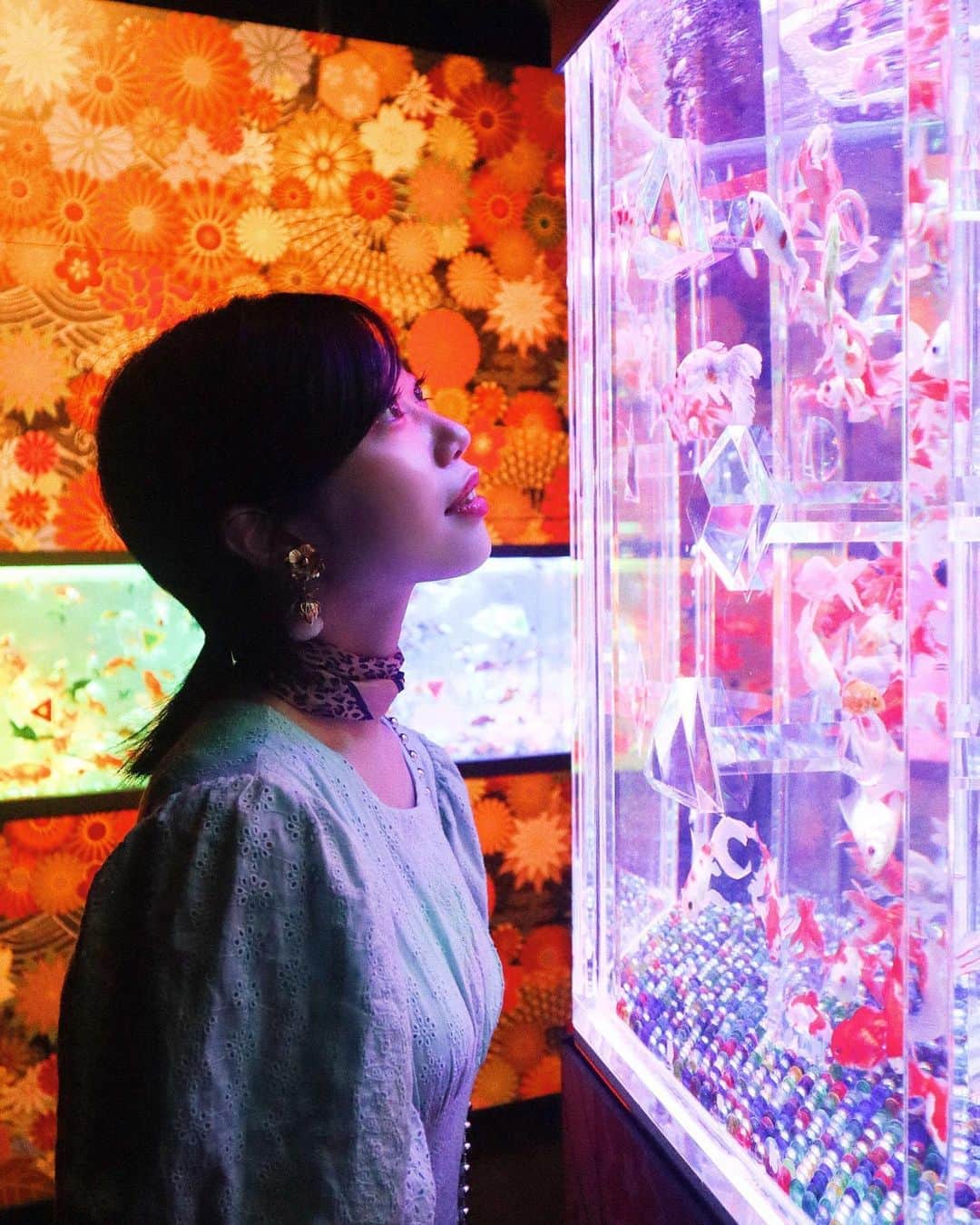 中島奈津希さんのインスタグラム写真 - (中島奈津希Instagram)「🎐🎐🎐﻿ ﻿ ﻿ ﻿ ﻿ 8月28日にオープンする﻿ "#アートアクアリウム美術館 (@artaquarium_official )＂を﻿ 一足お先にお姉(@nakajima_ayano )と体験させていただきました🥺❤️﻿ ﻿ いつまでも見ていられる金魚たちと﻿ 現代アートが融合して﻿ なんとも不思議な、幻想的な空間でした🎐﻿ ﻿ ﻿ ﻿ ﻿ ﻿ ﻿ 個人的に素敵だなと思ったのは、﻿ 丸い障子越しに動く金魚。﻿ 隙間からチラリと見える金魚たちがとても可愛くずっと見ていられました🥺﻿ ﻿ ﻿ ﻿ 今回は特別な許可を得てマスク着用なしで撮影していますが、﻿ 会場に入る前に検温所があったり消毒液もいろんな場所に設置していたりと﻿ 安心して楽しむ事が出来たよ♡﻿ まだ夏の暑さは続くけど、﻿ 涼しさを感じられる素敵な場所でした☺️💓﻿ ﻿ ☁️☁️☁️☁️☁️☁️☁️☁️☁️☁️☁️☁️☁️☁️☁️☁️﻿ #アートアクアリウム#ad ﻿ #artaquarium#artaquariummuseum ﻿ #金魚#美術館#日本橋#中島姉妹」8月27日 22時09分 - nakajima_natsuki