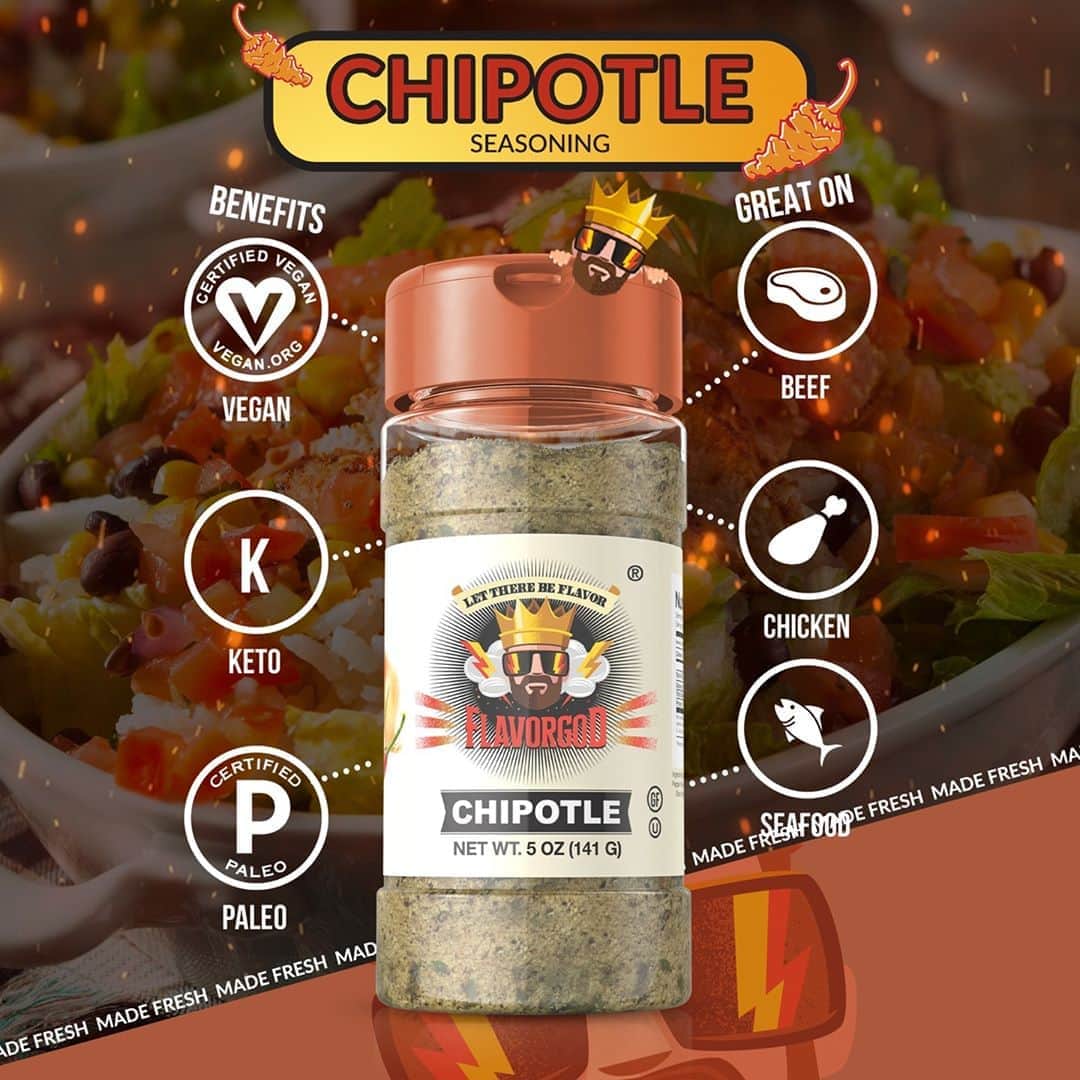Flavorgod Seasoningsさんのインスタグラム写真 - (Flavorgod SeasoningsInstagram)「🌶️Flavor God Chipotle Seasoning!!🌶️⁠ -⁠ Add delicious flavors to your meals!⬇️⁠ Click link in the bio -> @flavorgod  www.flavorgod.com⁠ -⁠ The Chipotle seasoning is a fan favorite and was the very first special flavor we released. We love this flavor on proteins, vegetables, you name it, this flavor is delicious. It's smoky and has so many uses, throw this on the BBQ and watch your meals transform.⁠ -⁠ Flavor God Seasonings are:⁠ 🌶️ZERO CALORIES PER SERVING⁠ 🌶️MADE FRESH⁠ 🌶️MADE LOCALLY IN US⁠ 🌶️FREE GIFTS AT CHECKOUT⁠ 🌶️GLUTEN FREE⁠ 🌶️#PALEO & #KETO FRIENDLY⁠ -⁠ #food #foodie #flavorgod #seasonings #glutenfree #mealprep #seasonings #breakfast #lunch #dinner #yummy #delicious #foodporn」8月28日 3時01分 - flavorgod