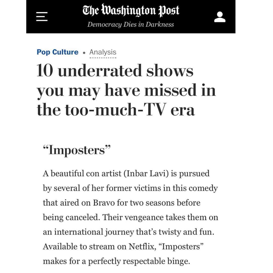 インバー・ラヴィのインスタグラム：「Thanks @washingtonpost 👰🏻 #Imposters streaming now on   @netflix  @tv.sdarot  @youtube  @itunes  @amazonprimevideo  @vudufans  @googleplay」