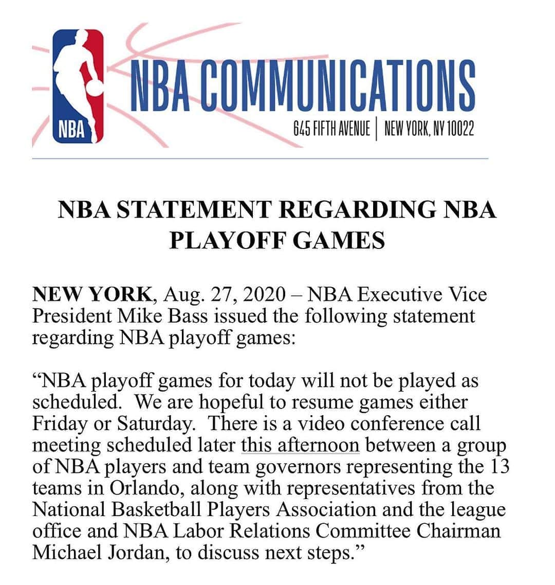 NBAさんのインスタグラム写真 - (NBAInstagram)「NBA Statement Regarding NBA Playoff Games」8月28日 3時34分 - nba