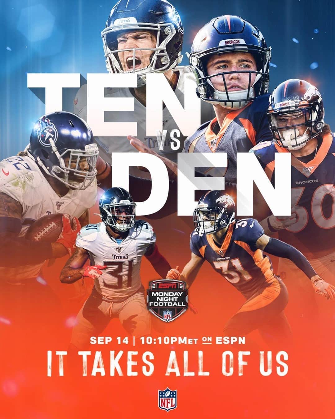 NFLさんのインスタグラム写真 - (NFLInstagram)「Titans. Broncos. See you on #MNF.⁣ #Kickoff2020 #ItTakesAllOfUs��⁣ 📺: #TENvsDEN -- Monday at 10:10pm ET on ESPN⁣ 📱: NFL app // Yahoo Sports app」9月11日 22時30分 - nfl