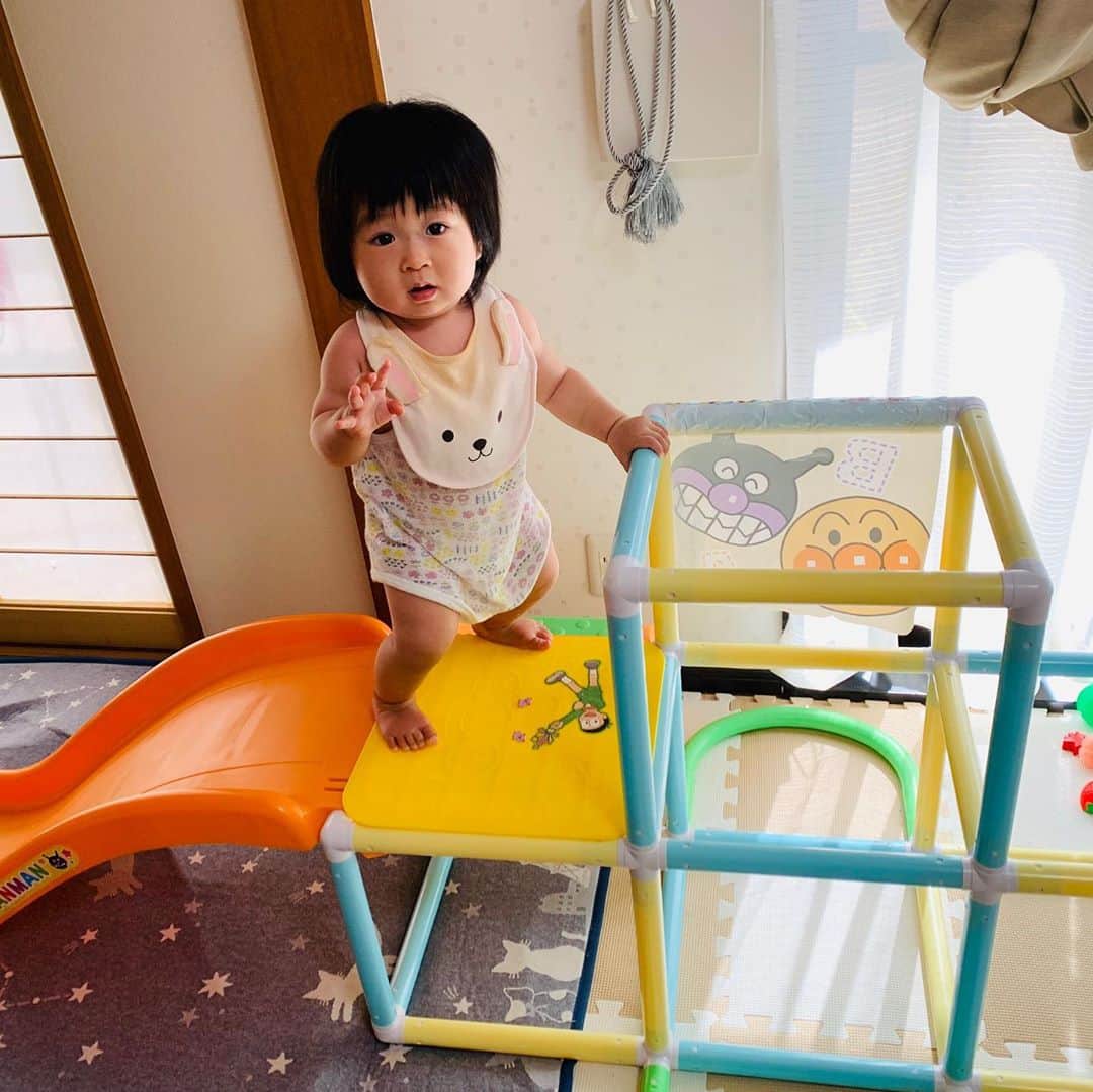 横山愛子のインスタグラム：「あちゃーー！！9ヶ月次女^ ^ ついに、一人で滑り台登れるようになってしまった😂😂 滑り台の配置を変えたばかりで、手すりが横にないのに、この状態で登れるとは…素晴らしい❗️❗️ でも絶対落ちる💦💦💦  朝家事してたら、なにやらワーワー叫ぶ声が🤣 なに？？ってみたら、一人で登って、降りれないーー❗️ってアピールしてた笑  ますます目が離せなくなったけど、運動神経は良さそうかな😍😍 #9ヶ月 #滑り台」