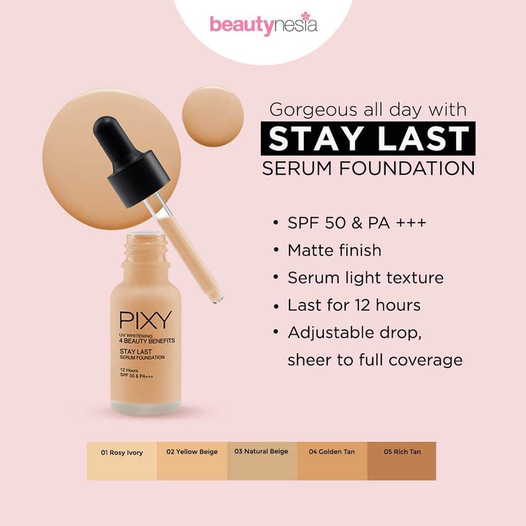 のインスタグラム：「It’s Pay Day Beautynesian, waktunya berburu make up nih. Kalo kamu lagi cari foundation dengan hasil matte dan tahan lama, pas banget ada yang baru dan unik dari PIXY Cosmetics. Say hello to PIXY Stay Last Serum Foundation, liquid foundation yang memiliki tekstur ringan seperti serum serta hasil akhir yang matte. Selain sebagai base make up, foundation ini juga punya tambahan manfaat skincare yang mengandung 2-Way Whitening dari Bengkuang & Derivat Vitamin C, Argan Oil Vitamin E serta SPF 50 PA+++. Dengan aplikator berbentuk pipet memudahkan kamu untuk mengatur tingkat coverage yang kamu mau. Cocok banget deh digunakan untuk sehari-hari. Pixy Stay Last Serum Foundation tersedia 5 warna loh⁣ ⁣ 01 Rosy Ivory untuk warna kulit terang⁣ 02 Yellow Beige untuk warna kulit kuning langsat⁣ 03 Natural Beige untuk warna kulit sedang⁣ 04 Golden Tan untuk warna kulit sawo matang⁣ 05 Rich Tan untuk warna kulit gelap⁣ ⁣ So, cobain sekarang juga yuk dan pilih shade yang kamu banget!⁣」