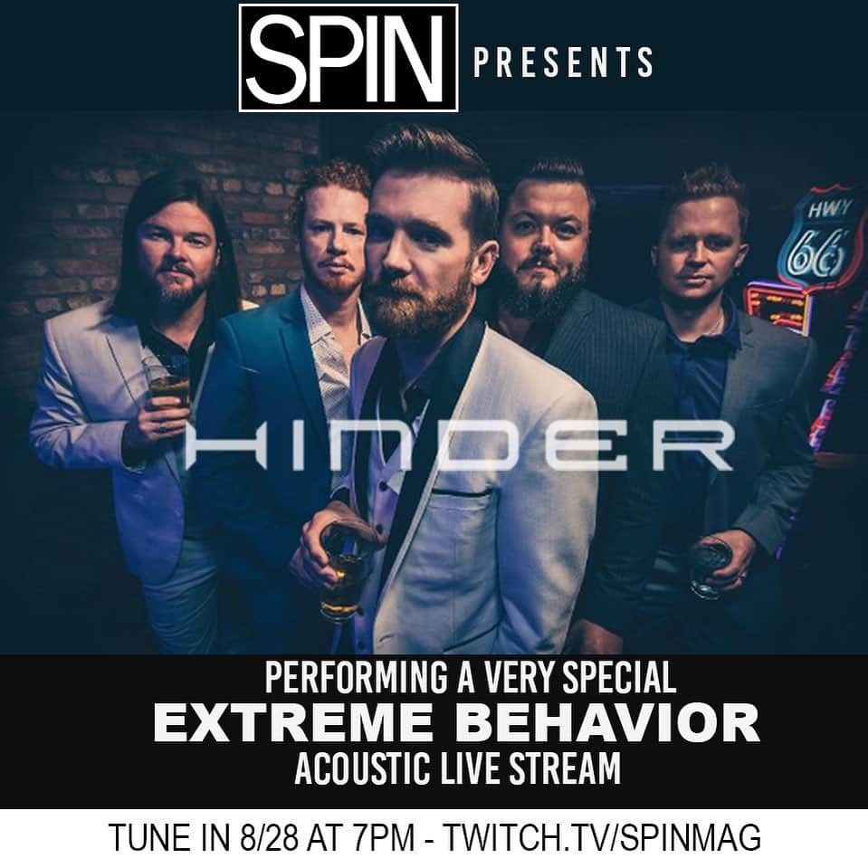 ヒンダーさんのインスタグラム写真 - (ヒンダーInstagram)「We have a special livestream performance of songs from Extreme Behavior (and more) coming up tomorrow hosted by our friends at @spinmag 🤘🏽 tune in at 7pm EST over at twitch.tv/spinmag」8月28日 7時01分 - hindermusic