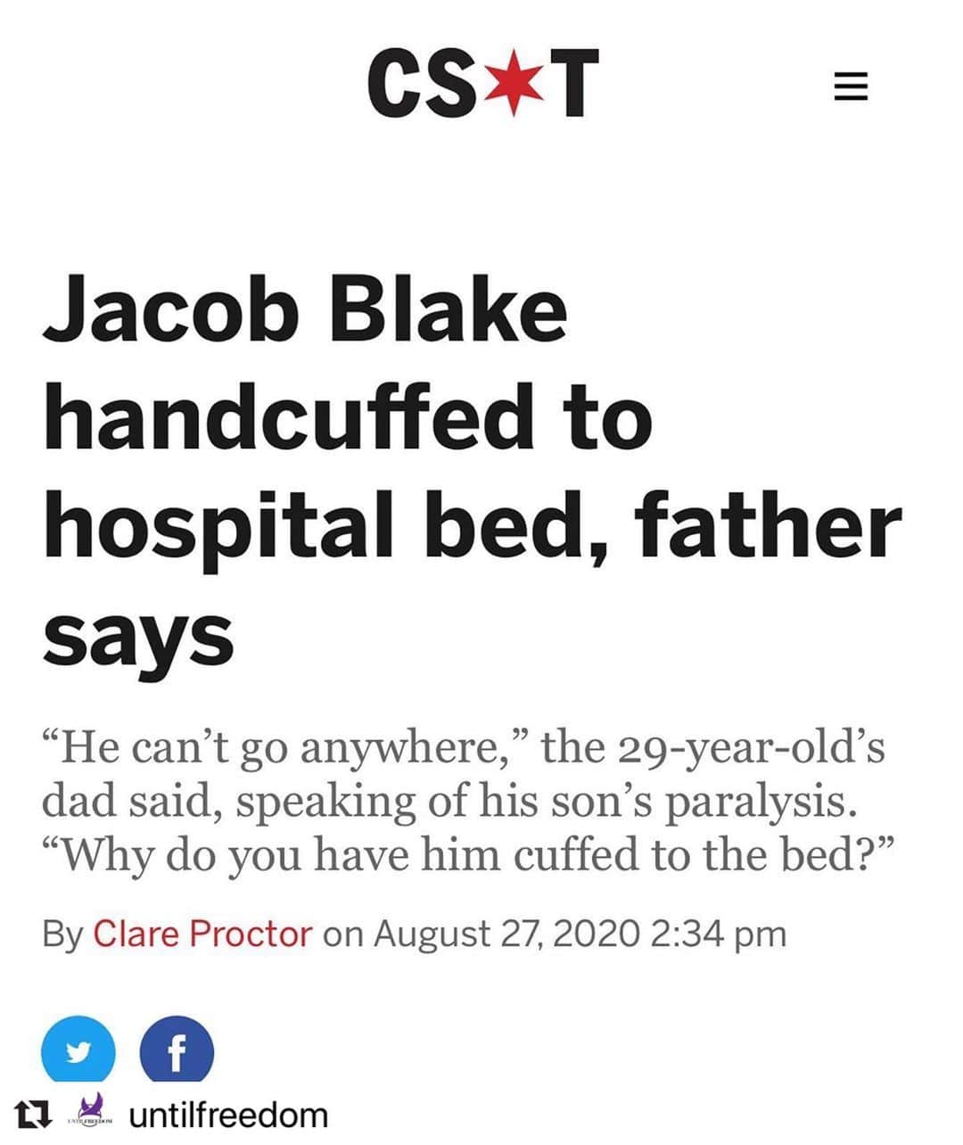 のインスタグラム：「#Repost @untilfreedom with @make_repost ・・・ Jacob Blake was breaking up a fight and unarmed shot 7 times by the Kenosha Police. He’s PARALYZED and still innocent until proven guilty. He wasn’t a suspect. They HANDCUFFED him to the bed?!? He can’t go anywhere. This is INSANE.   Rise Up Family. Our people deserve respect and to be treated as humans. The lines need to be drawn once and for all.   The whole Kenosha Police Department needs to be SHUT DOWN. The mayor, the governor - everybody needs to be held accountable. They are the criminals.」
