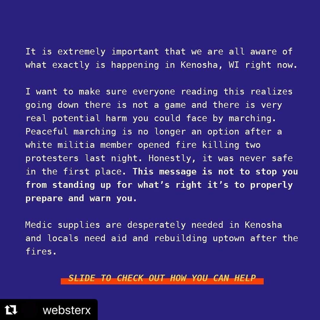 アーミー・ハマーのインスタグラム：「Go check out @websterx page for a very informative and helpful piece of info. And while you are at it, listen to his music.... trust me.   #Repost @websterx  ・・・ a word from me to you...prepare for Kenosha. help Kenosha. be smart, stay vigilant, protect one another. 🖤」