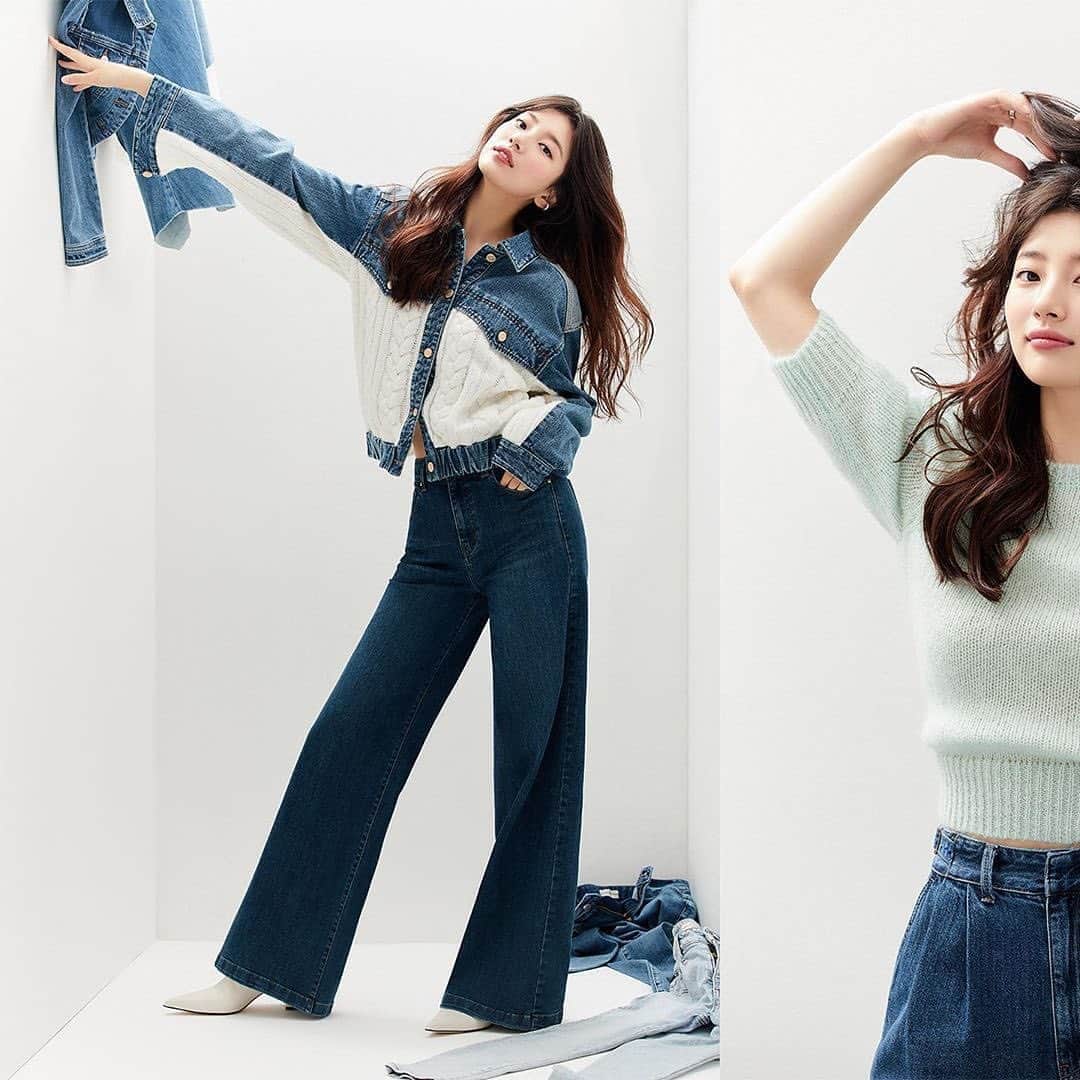 ゲスのインスタグラム：「와 함께한 올 가을 데님 트렌드를 만나보세요 @skuukzky only on guesskorea.com 👖💙 #SUZYDENIM #게스#수지데님」
